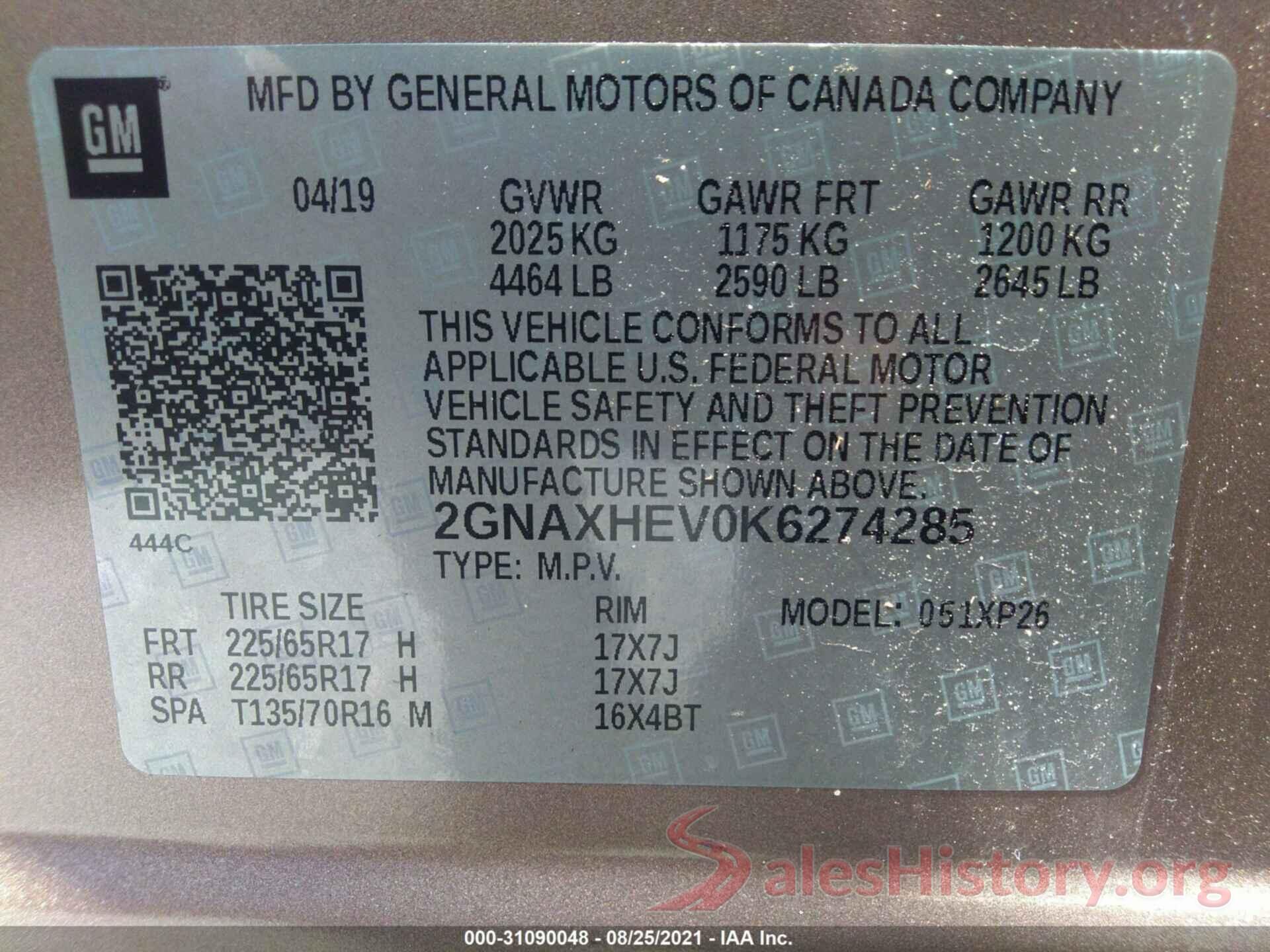 2GNAXHEV0K6274285 2019 CHEVROLET EQUINOX