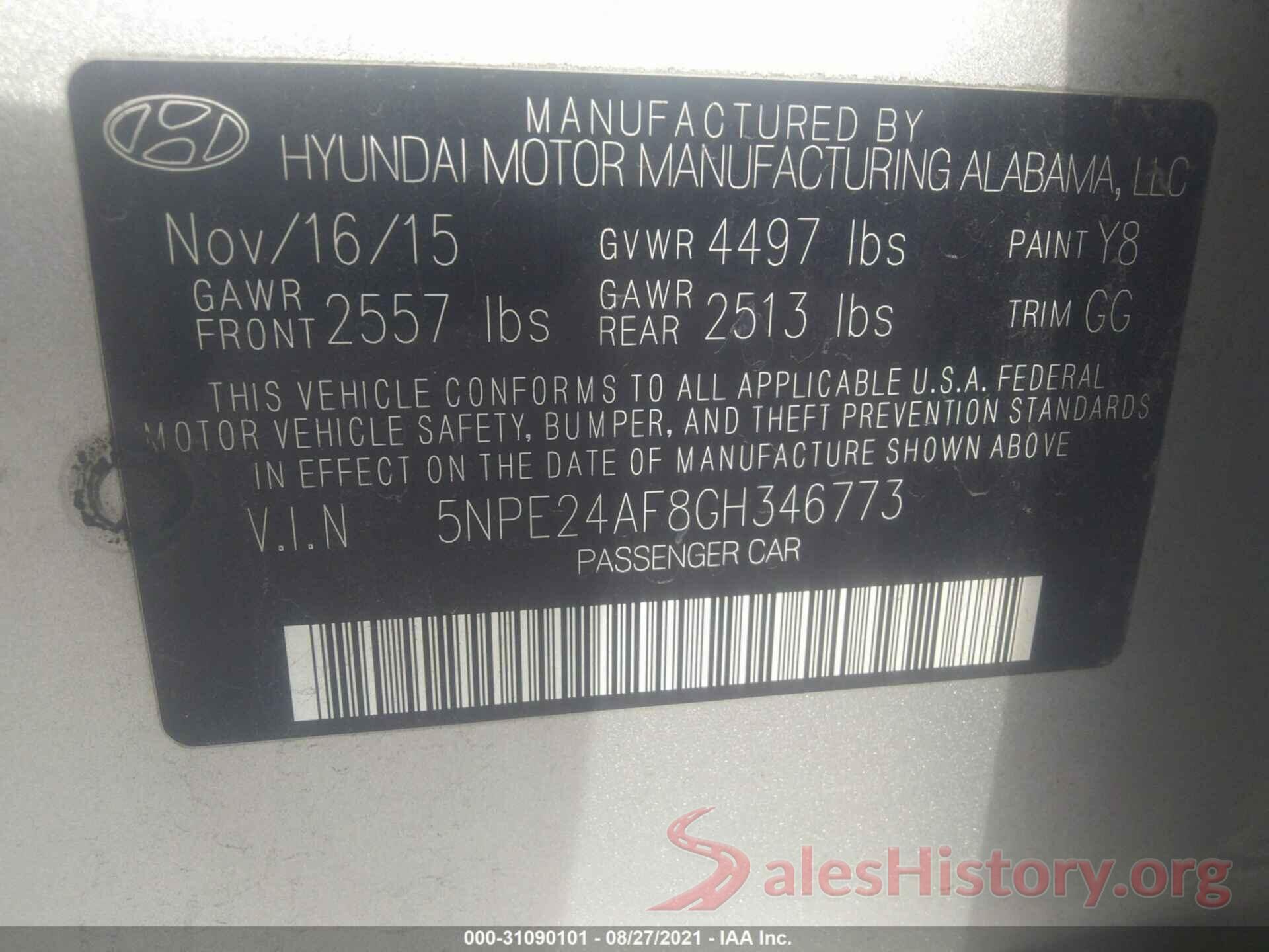 5NPE24AF8GH346773 2016 HYUNDAI SONATA