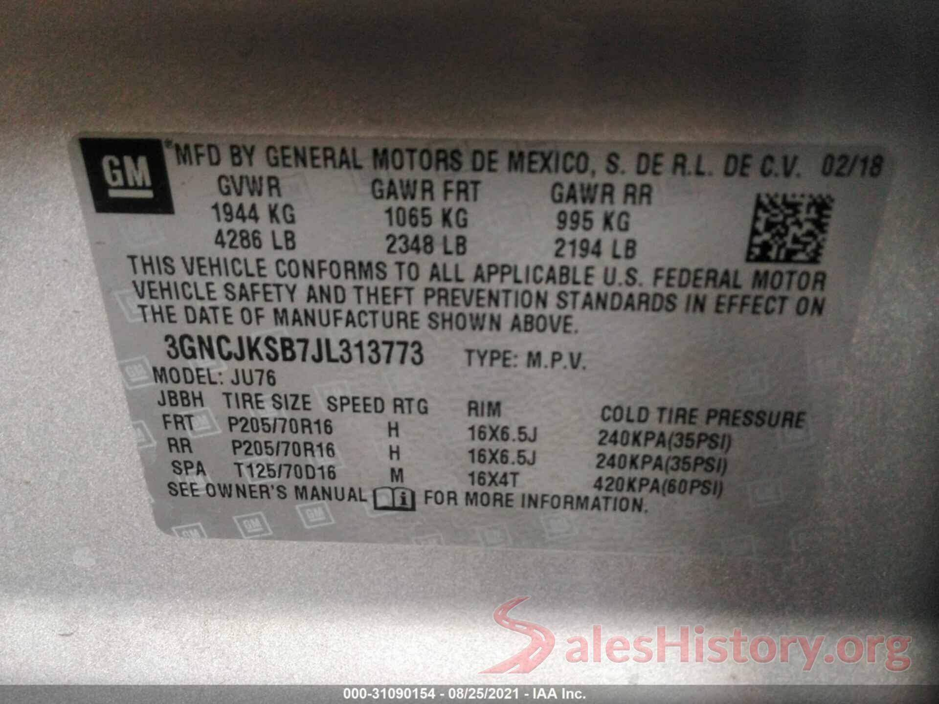 3GNCJKSB7JL313773 2018 CHEVROLET TRAX