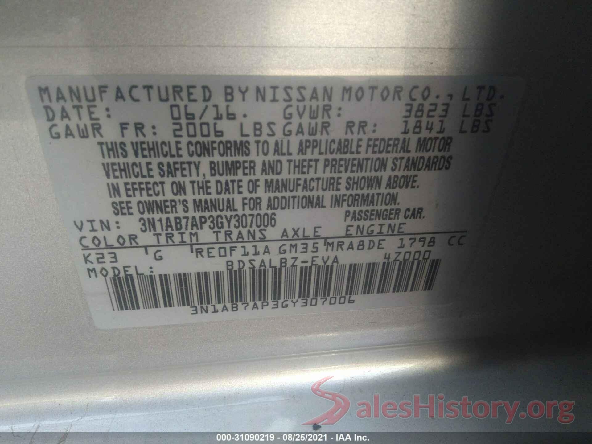 3N1AB7AP3GY307006 2016 NISSAN SENTRA