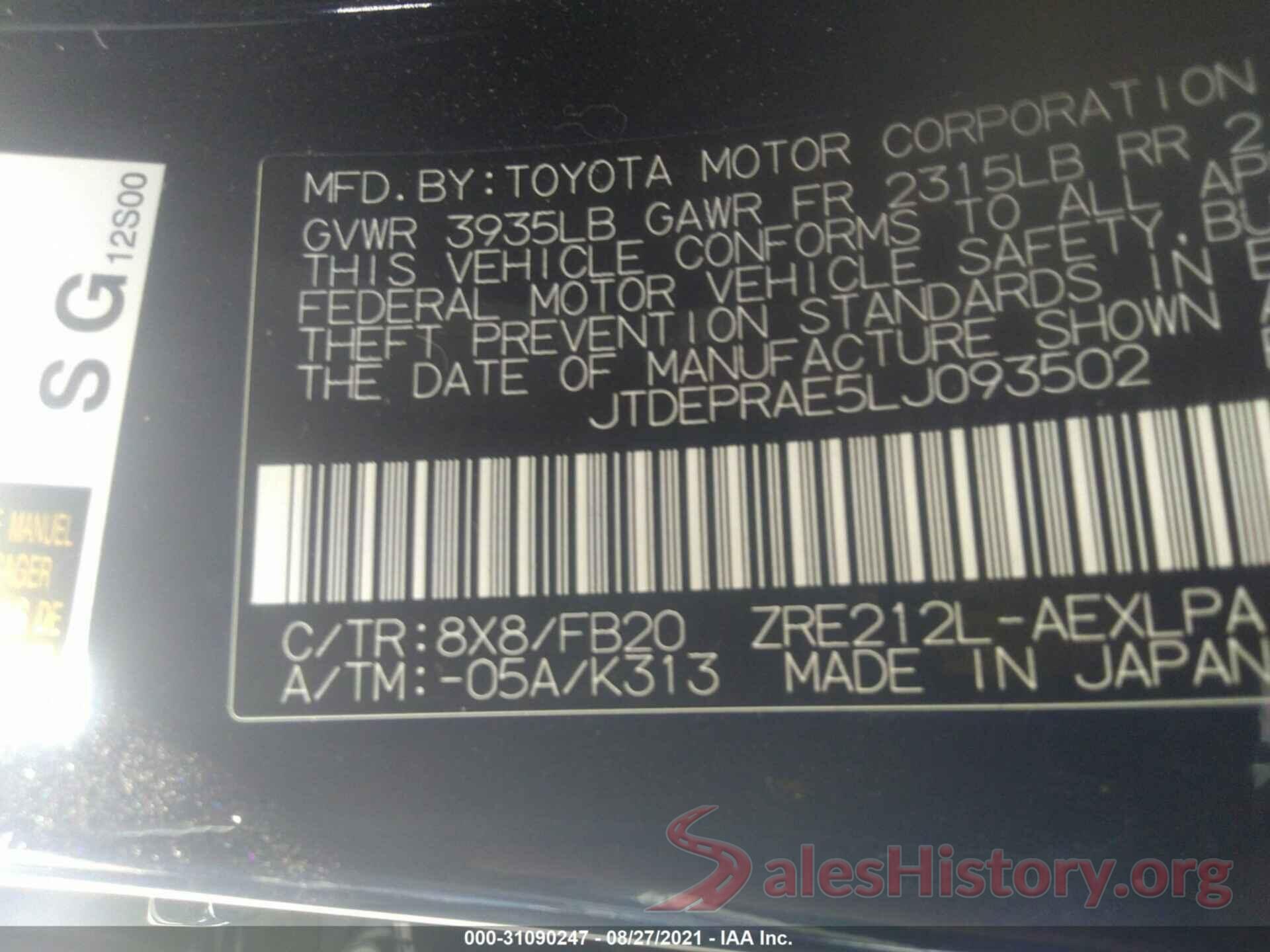 JTDEPRAE5LJ093502 2020 TOYOTA COROLLA