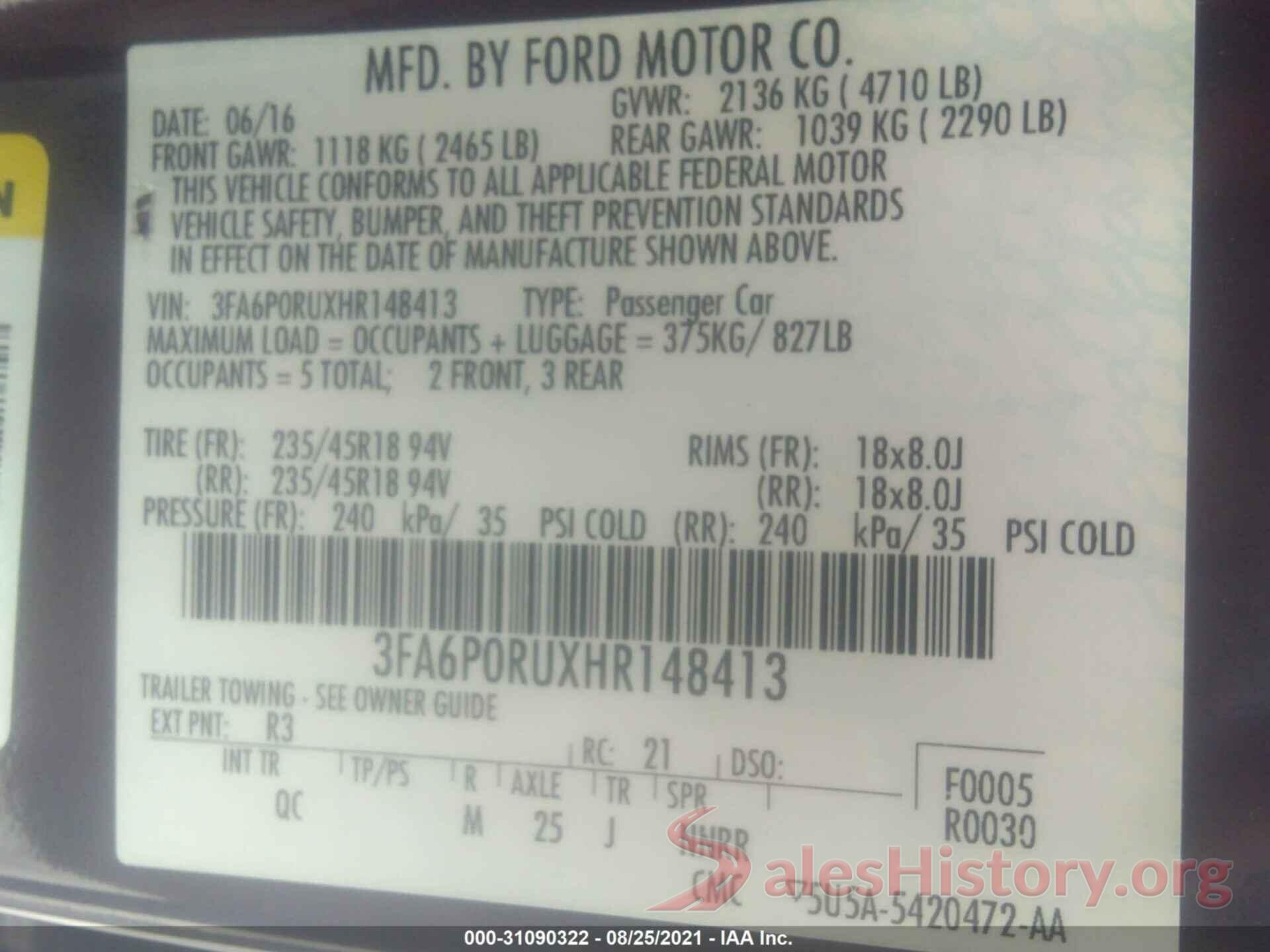 3FA6P0RUXHR148413 2017 FORD FUSION