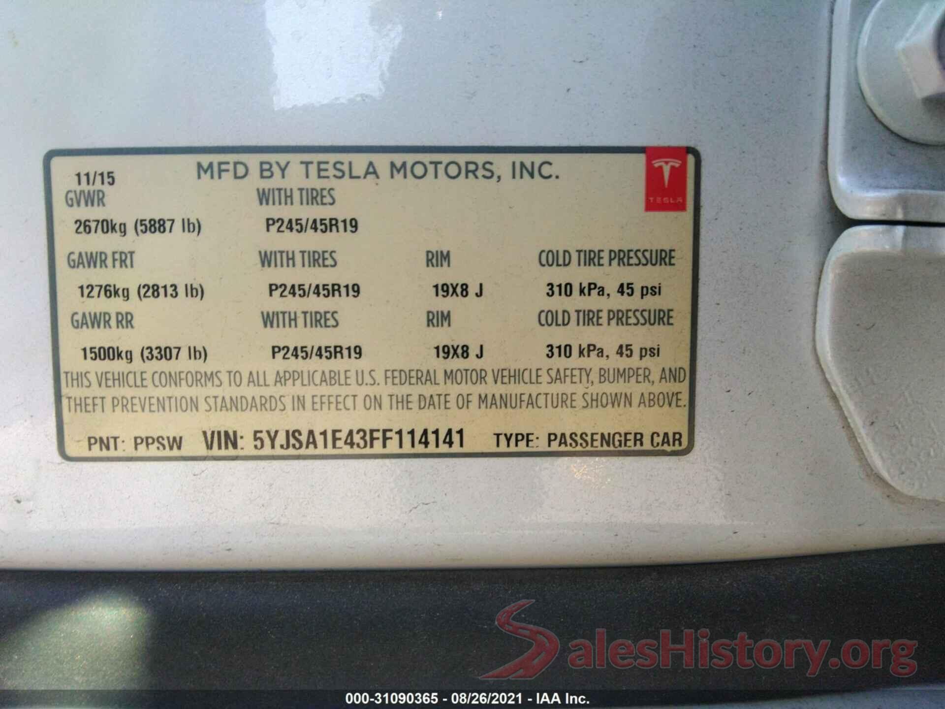 5YJSA1E43FF114141 2015 TESLA MODEL S