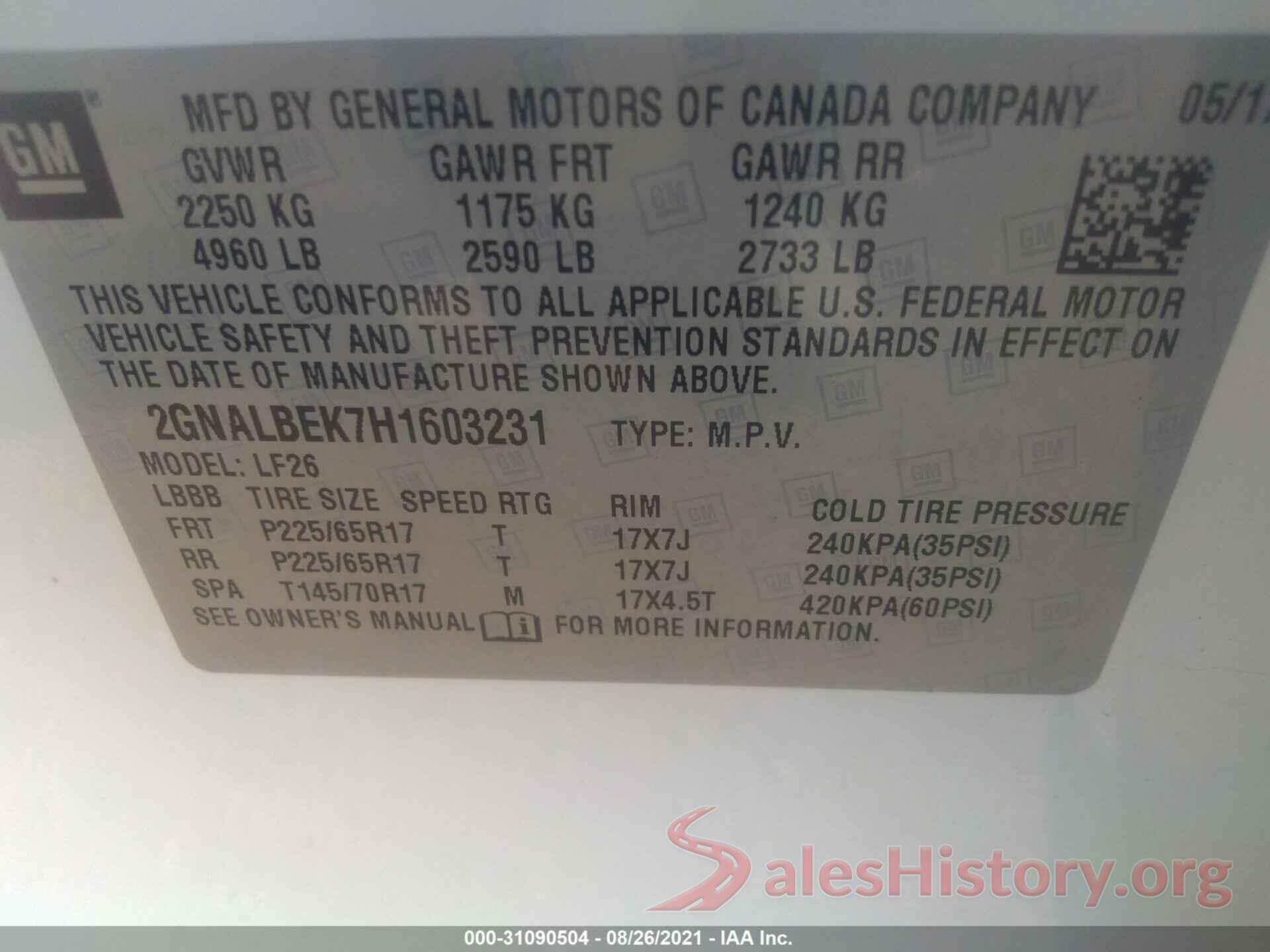 2GNALBEK7H1603231 2017 CHEVROLET EQUINOX