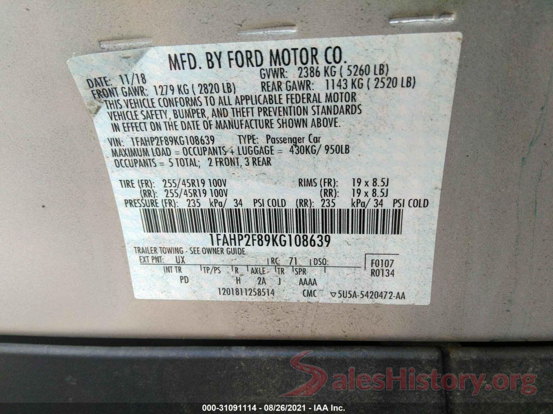 1FAHP2F89KG108639 2019 FORD TAURUS