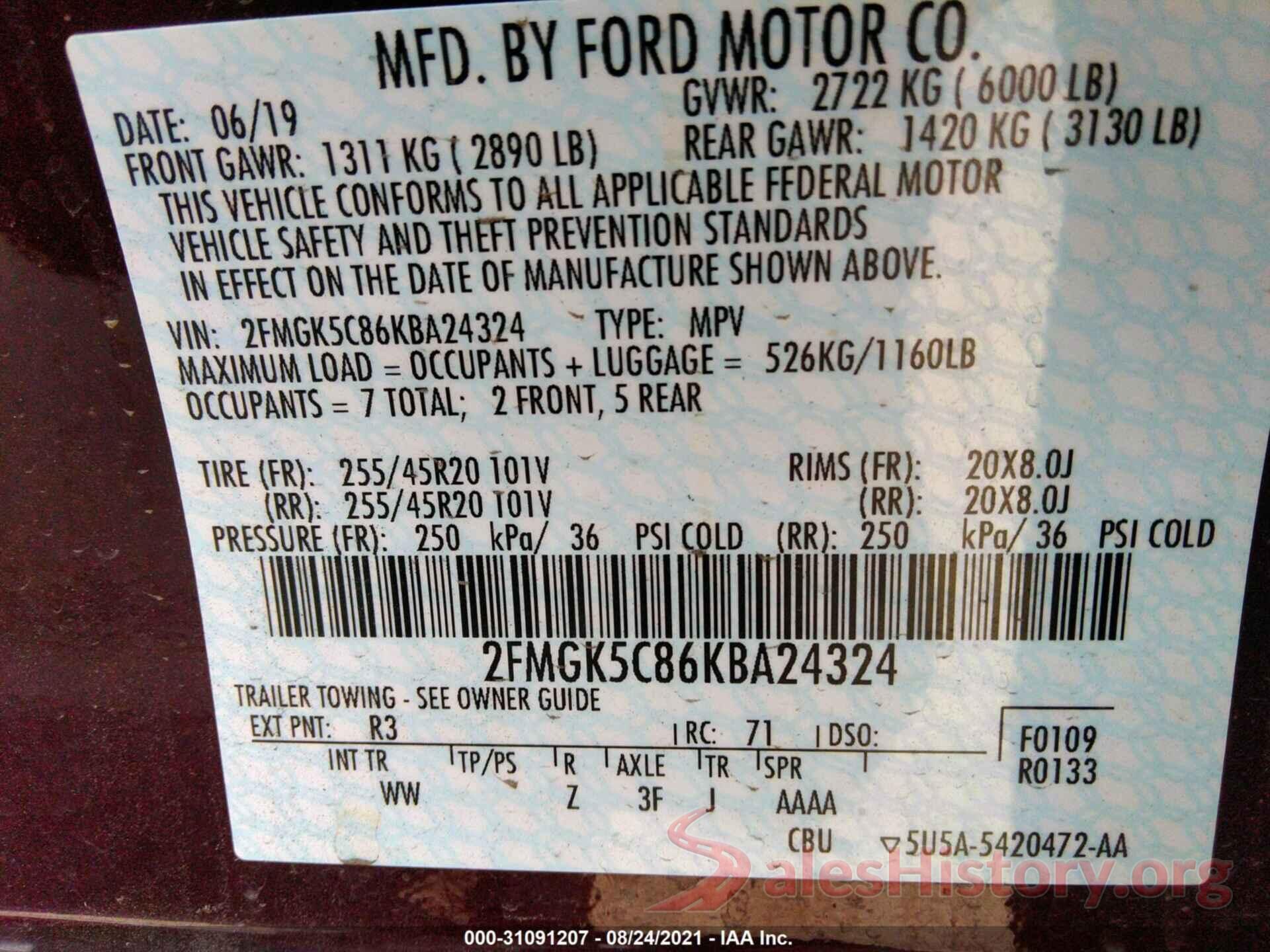 2FMGK5C86KBA24324 2019 FORD FLEX