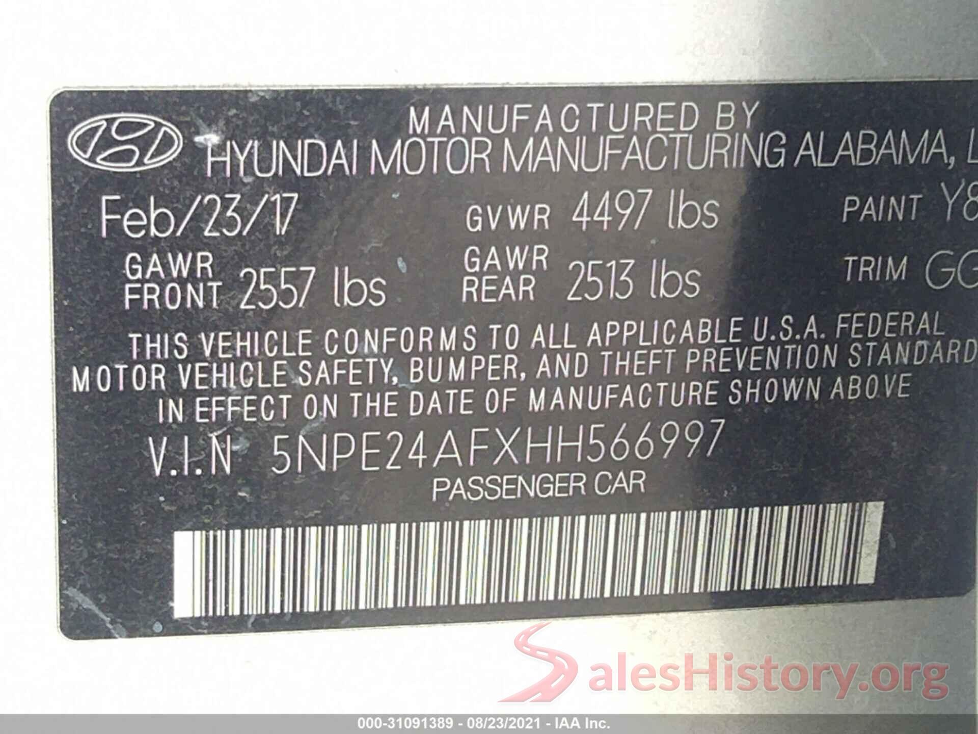 5NPE24AFXHH566997 2017 HYUNDAI SONATA