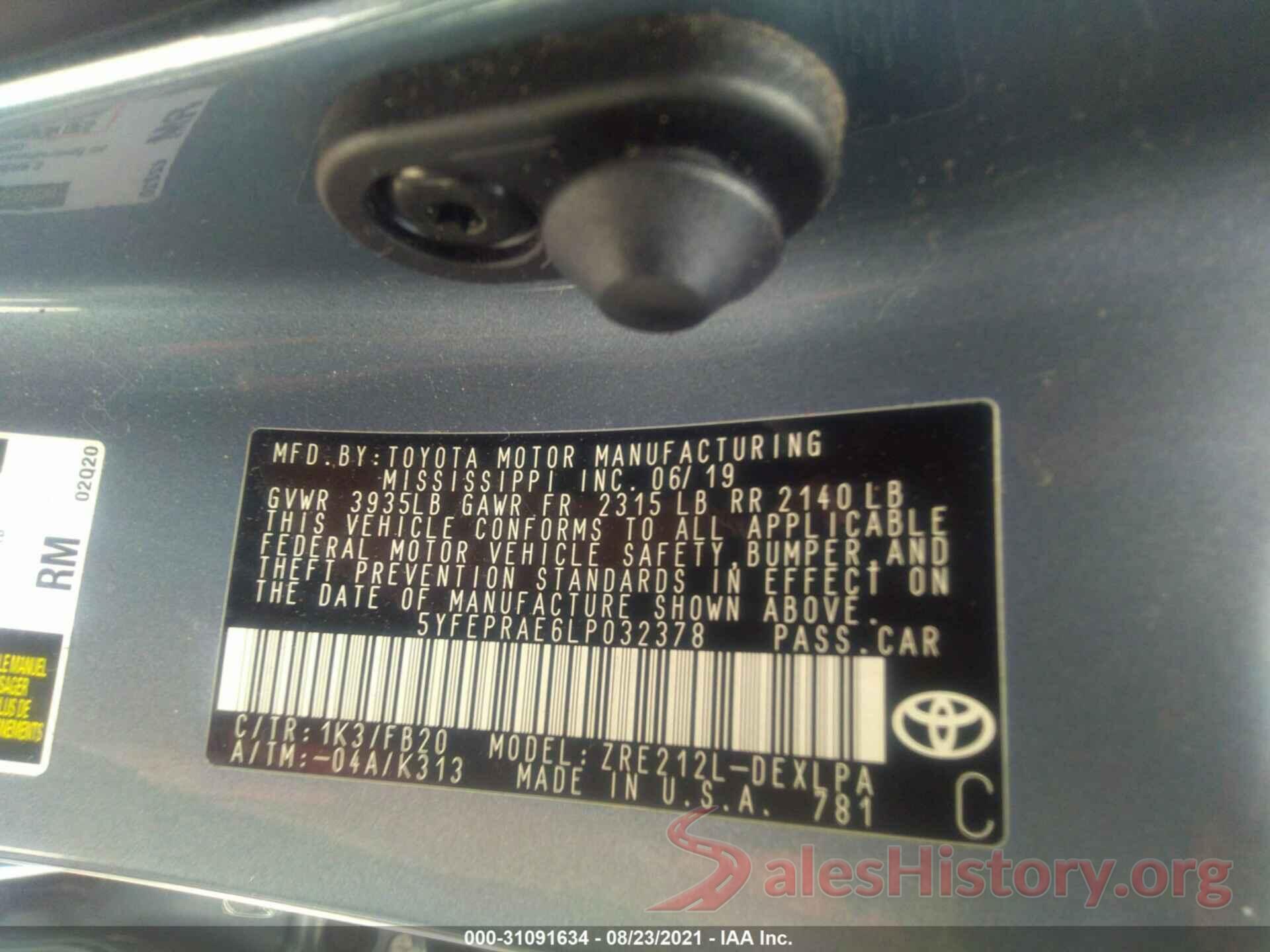 5YFEPRAE6LP032378 2020 TOYOTA COROLLA