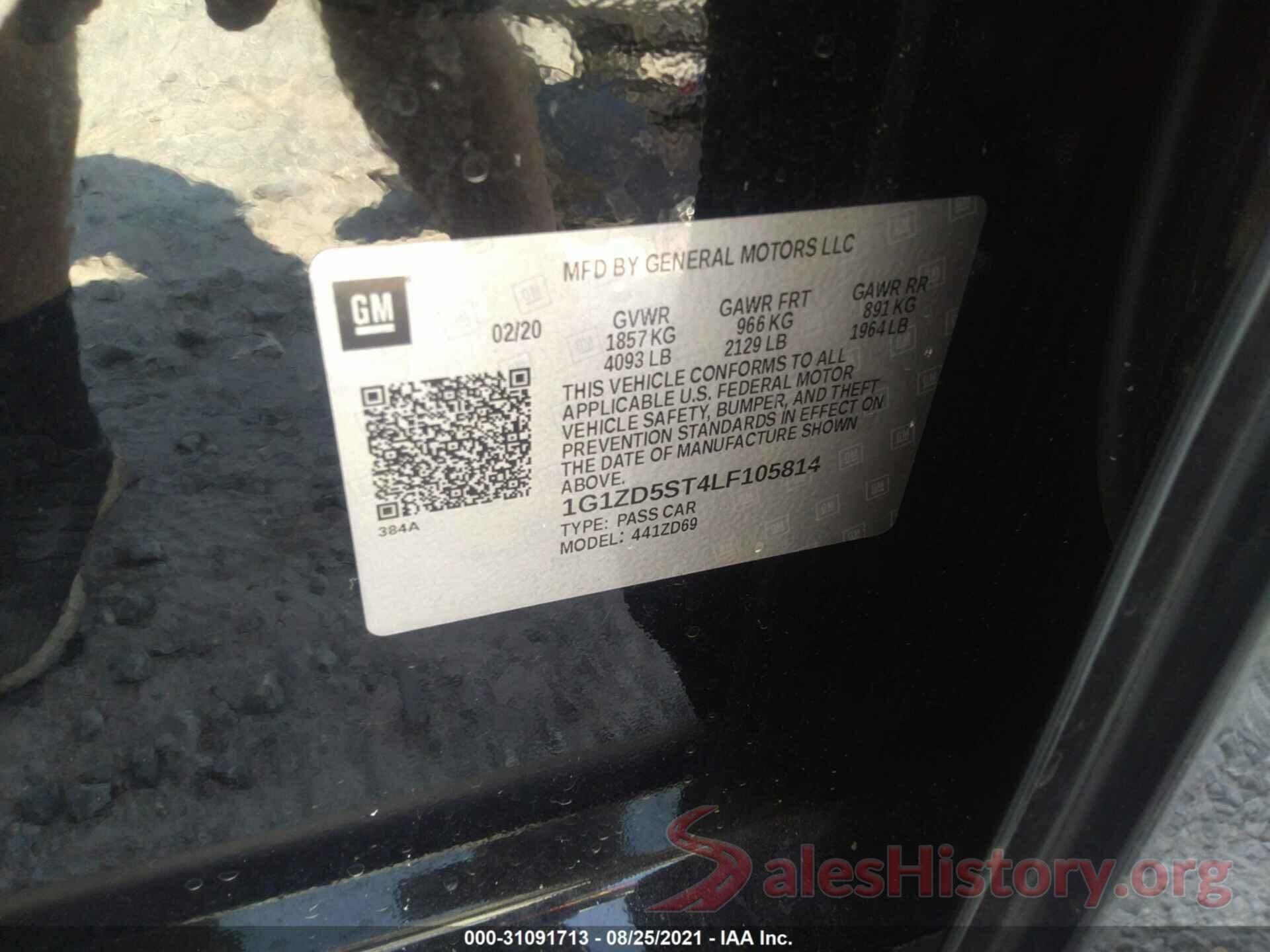 1G1ZD5ST4LF105814 2020 CHEVROLET MALIBU