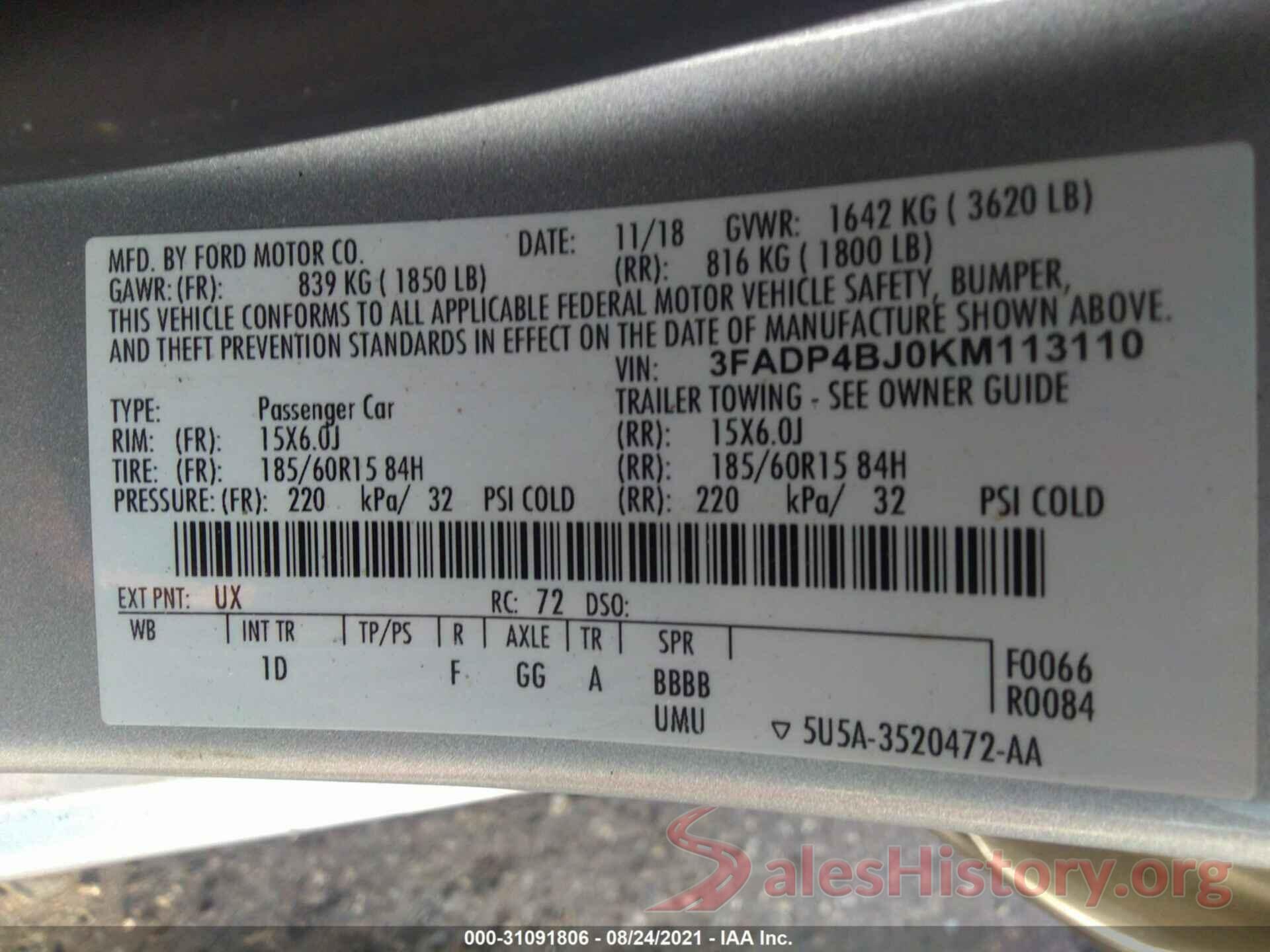 3FADP4BJ0KM113110 2019 FORD FIESTA