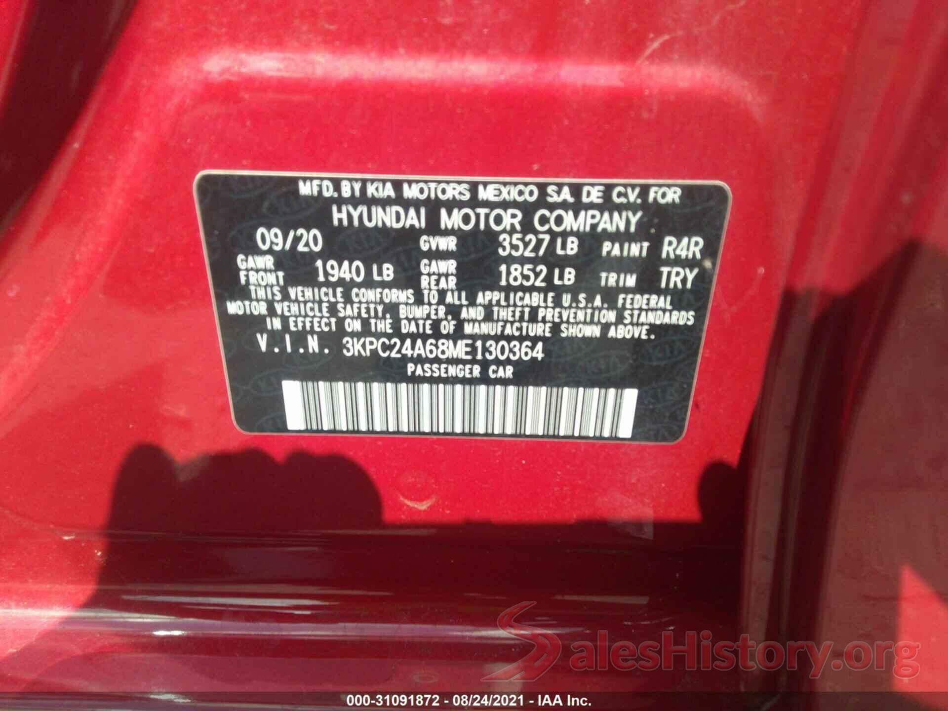 3KPC24A68ME130364 2021 HYUNDAI ACCENT