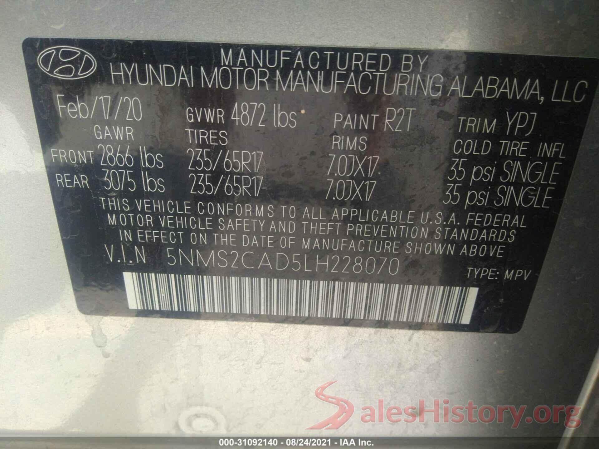 5NMS2CAD5LH228070 2020 HYUNDAI SANTA FE