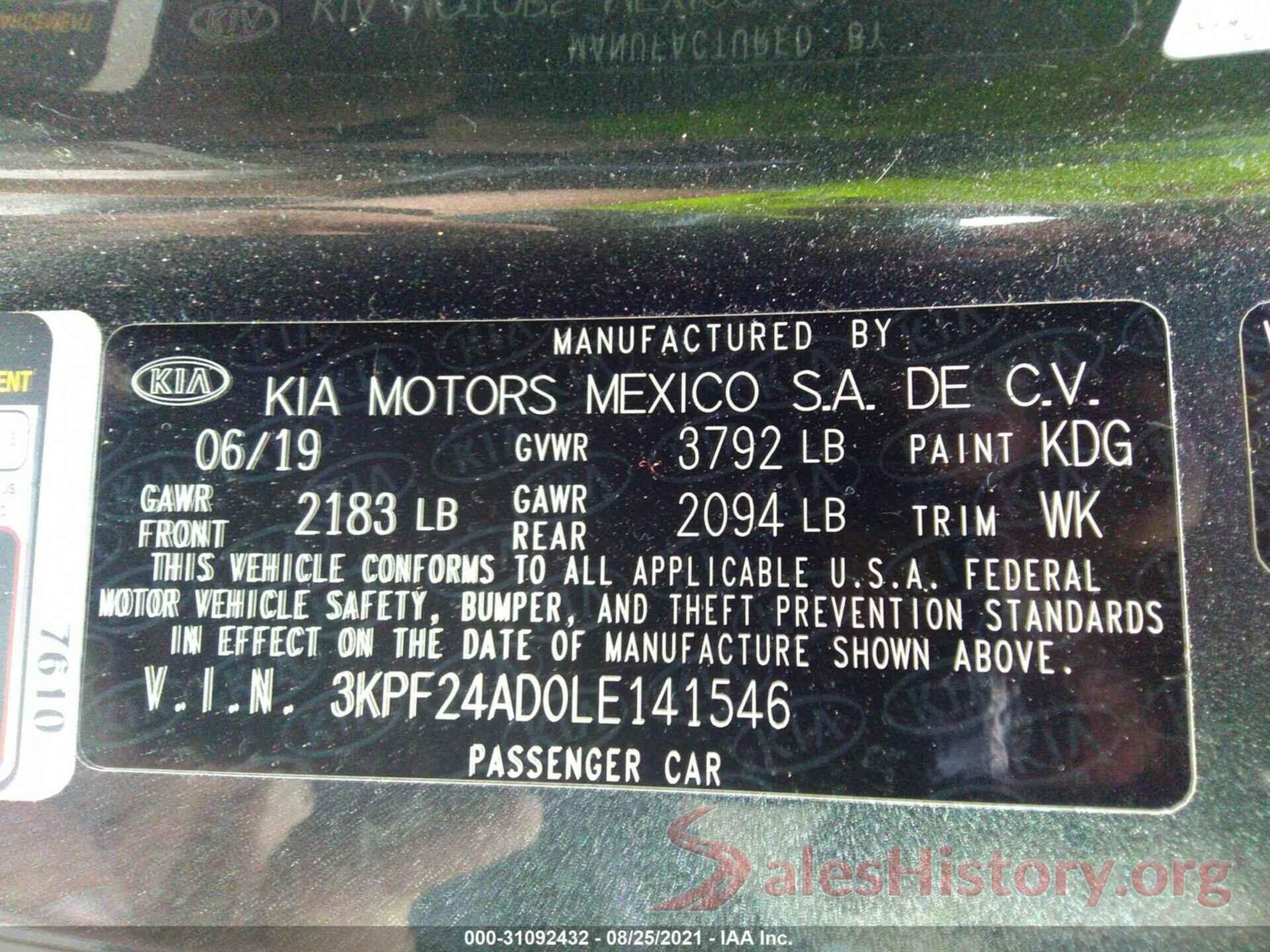 3KPF24AD0LE141546 2020 KIA FORTE