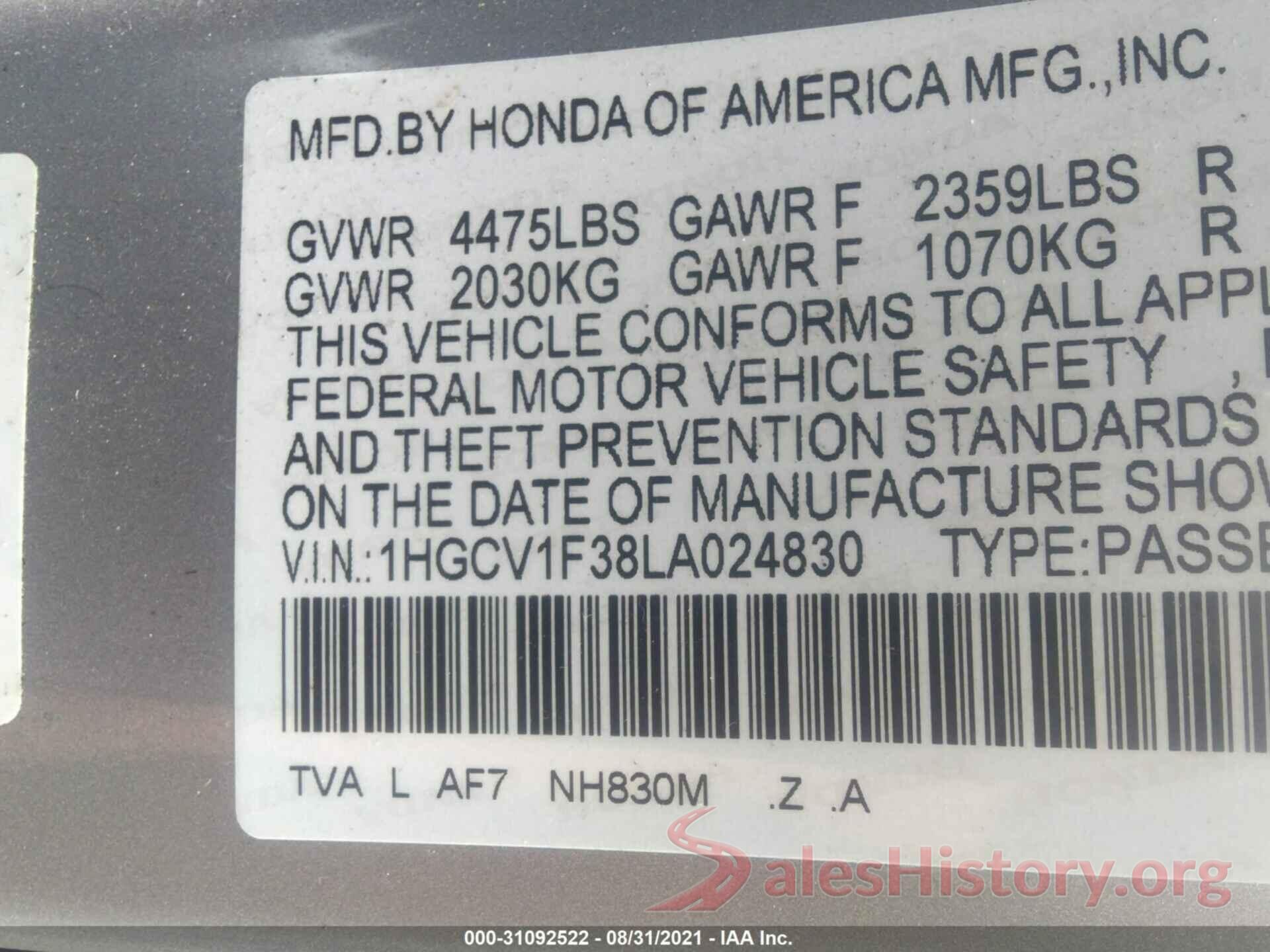 1HGCV1F38LA024830 2020 HONDA ACCORD SEDAN