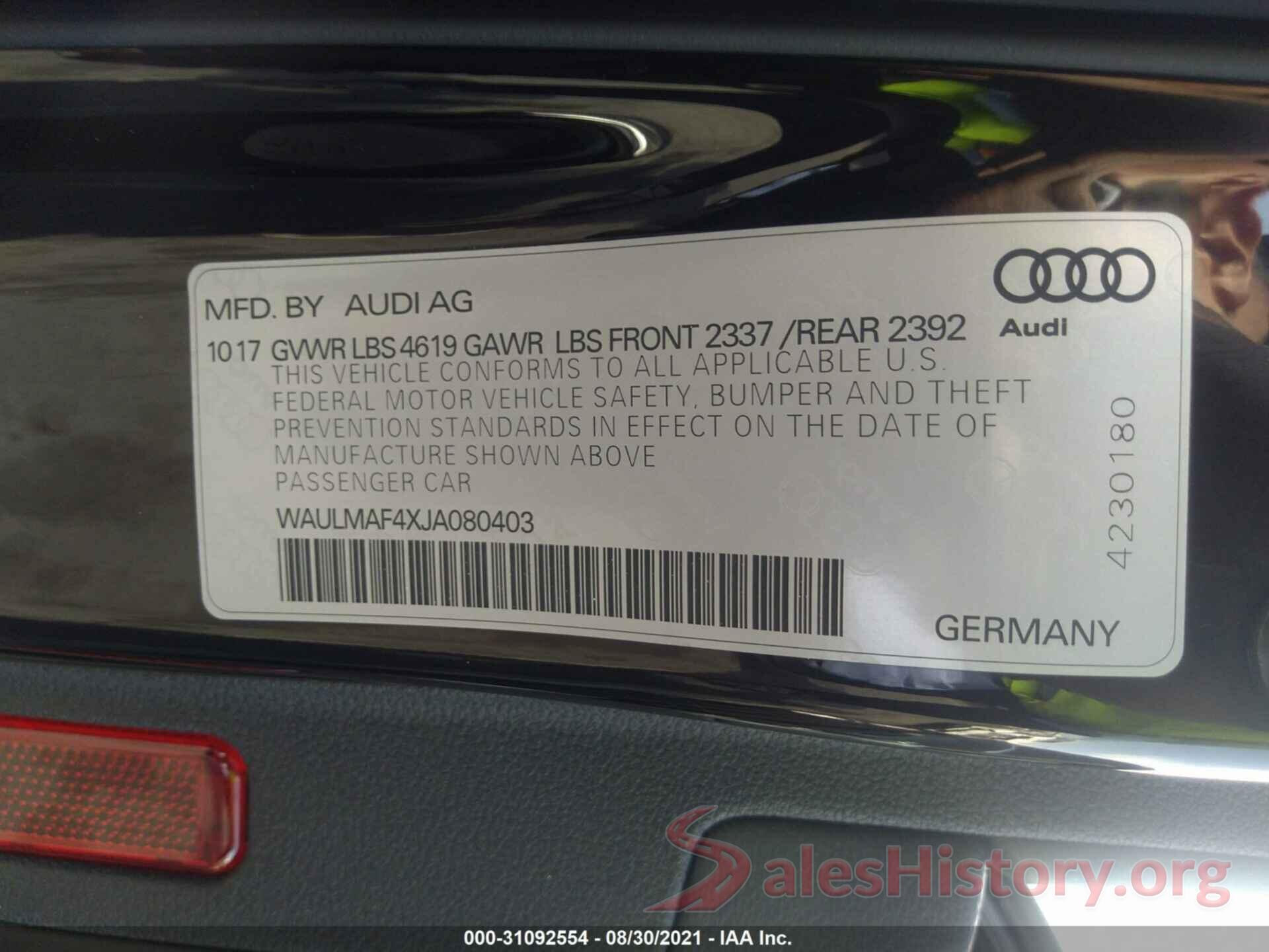 WAULMAF4XJA080403 2018 AUDI A4