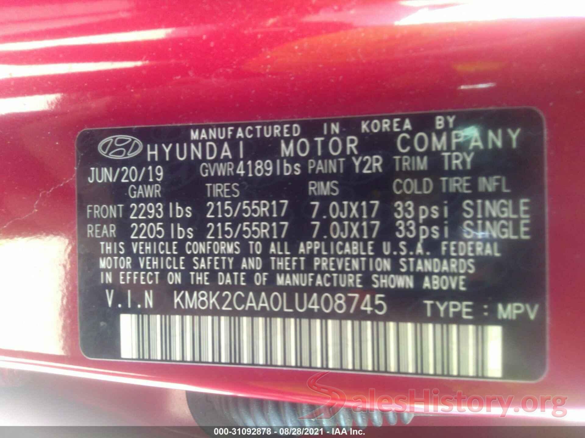 KM8K2CAA0LU408745 2020 HYUNDAI KONA