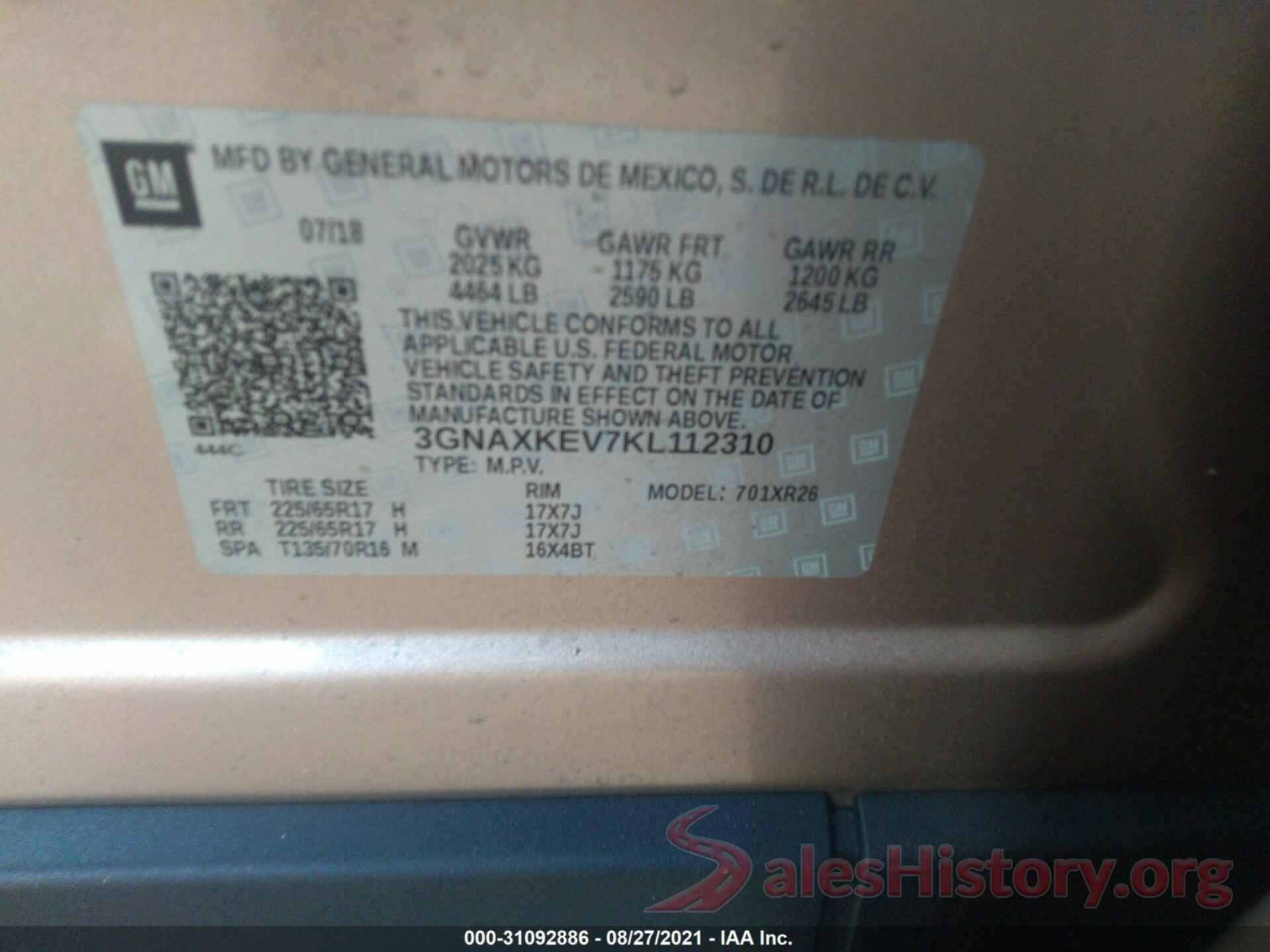 3GNAXKEV7KL112310 2019 CHEVROLET EQUINOX