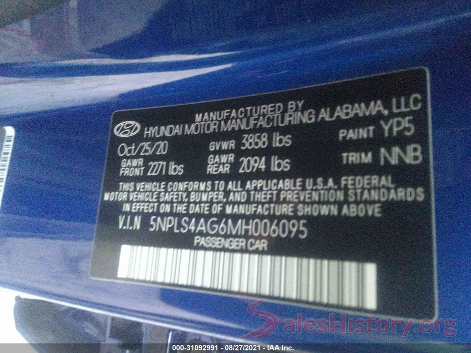 5NPLS4AG6MH006095 2021 HYUNDAI ELANTRA