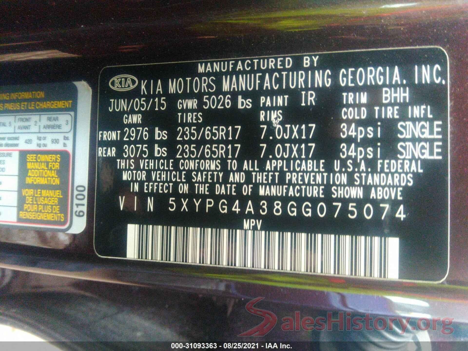 5XYPG4A38GG075074 2016 KIA SORENTO