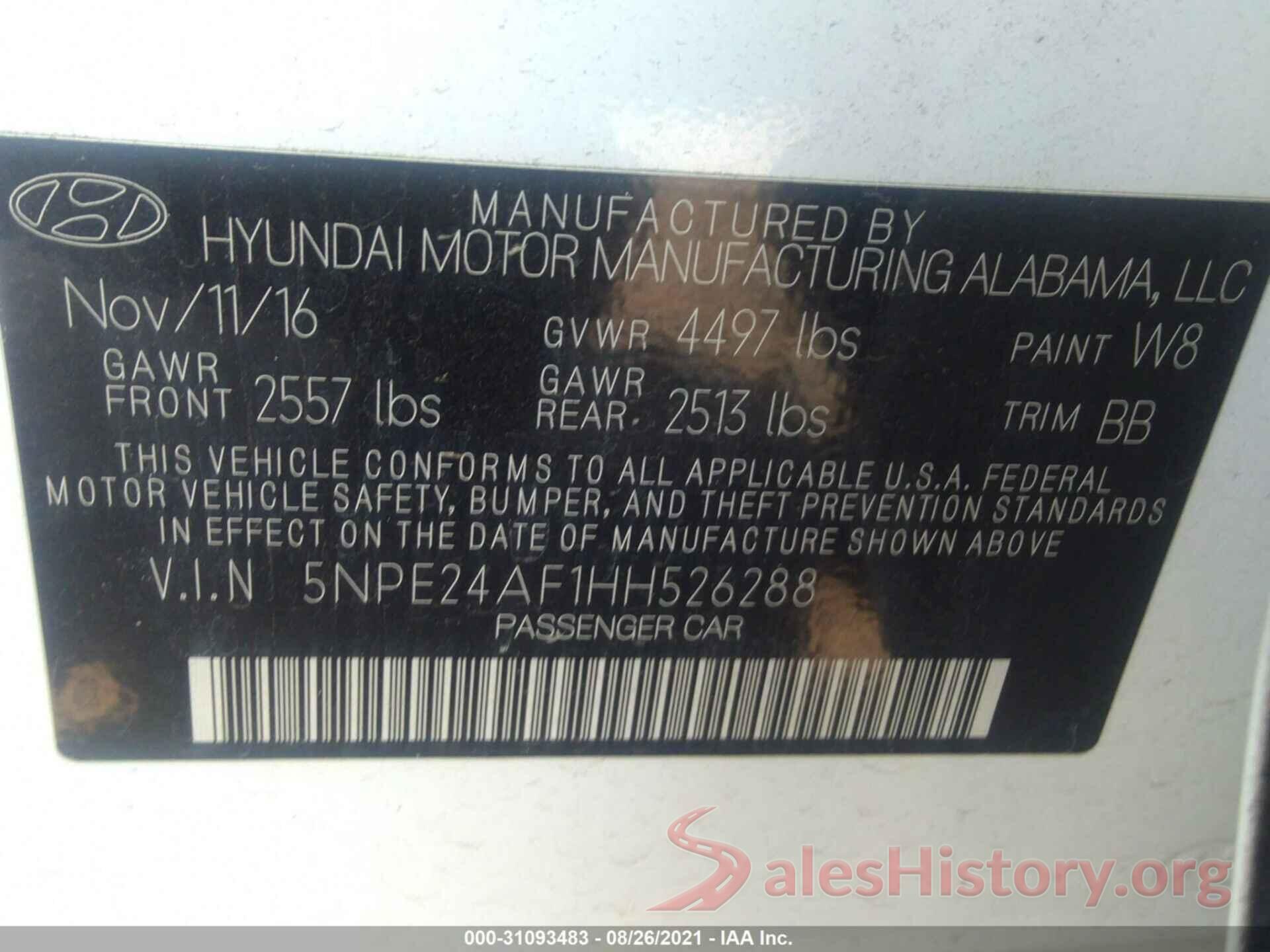 5NPE24AF1HH526288 2017 HYUNDAI SONATA