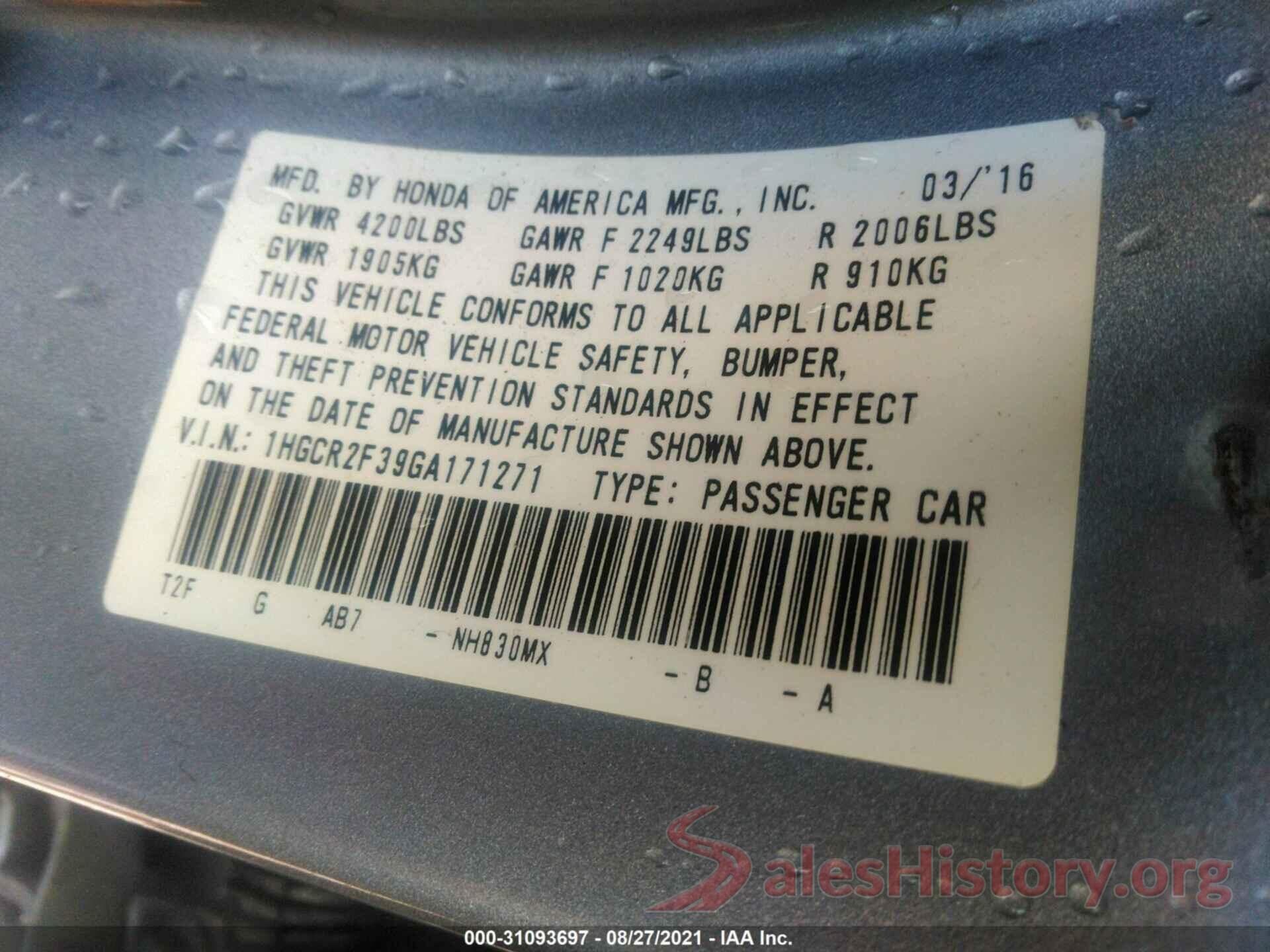 1HGCR2F39GA171271 2016 HONDA ACCORD SEDAN