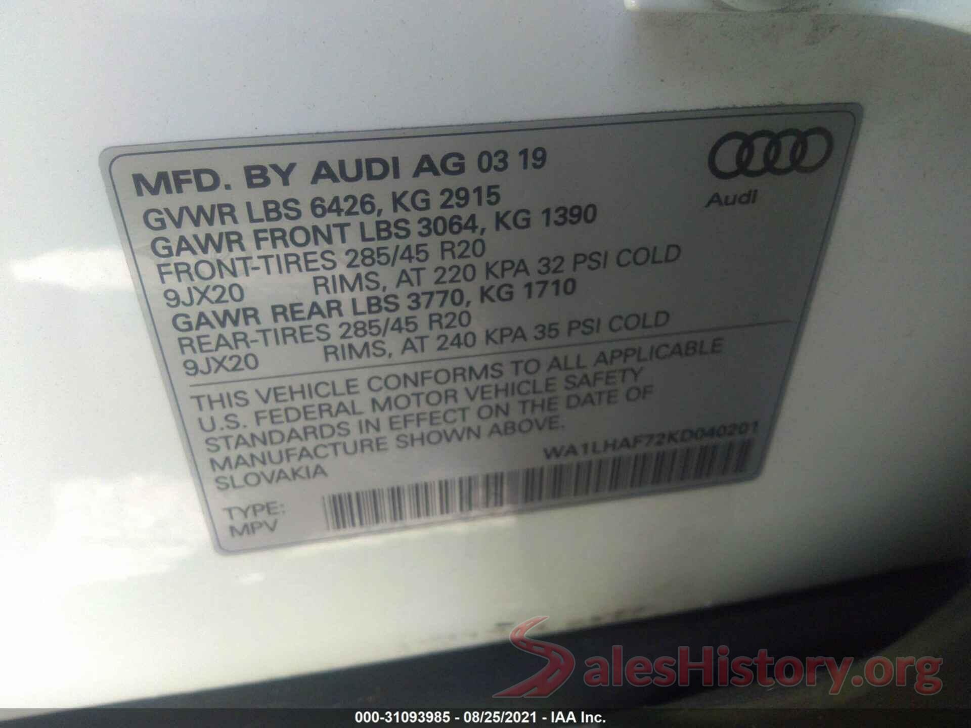 WA1LHAF72KD040201 2019 AUDI Q7