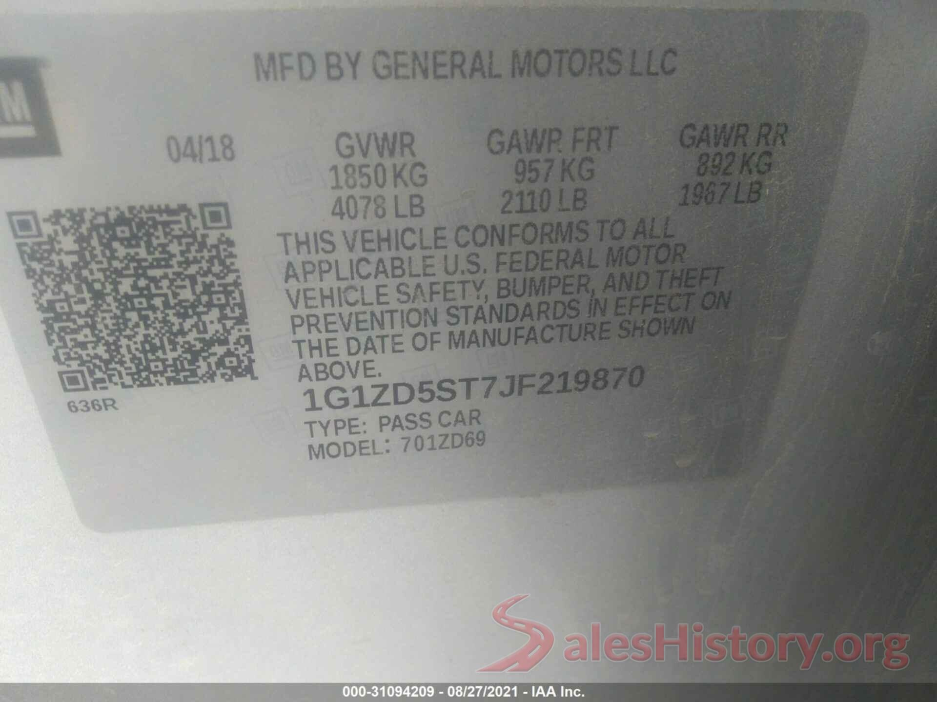 1G1ZD5ST7JF219870 2018 CHEVROLET MALIBU