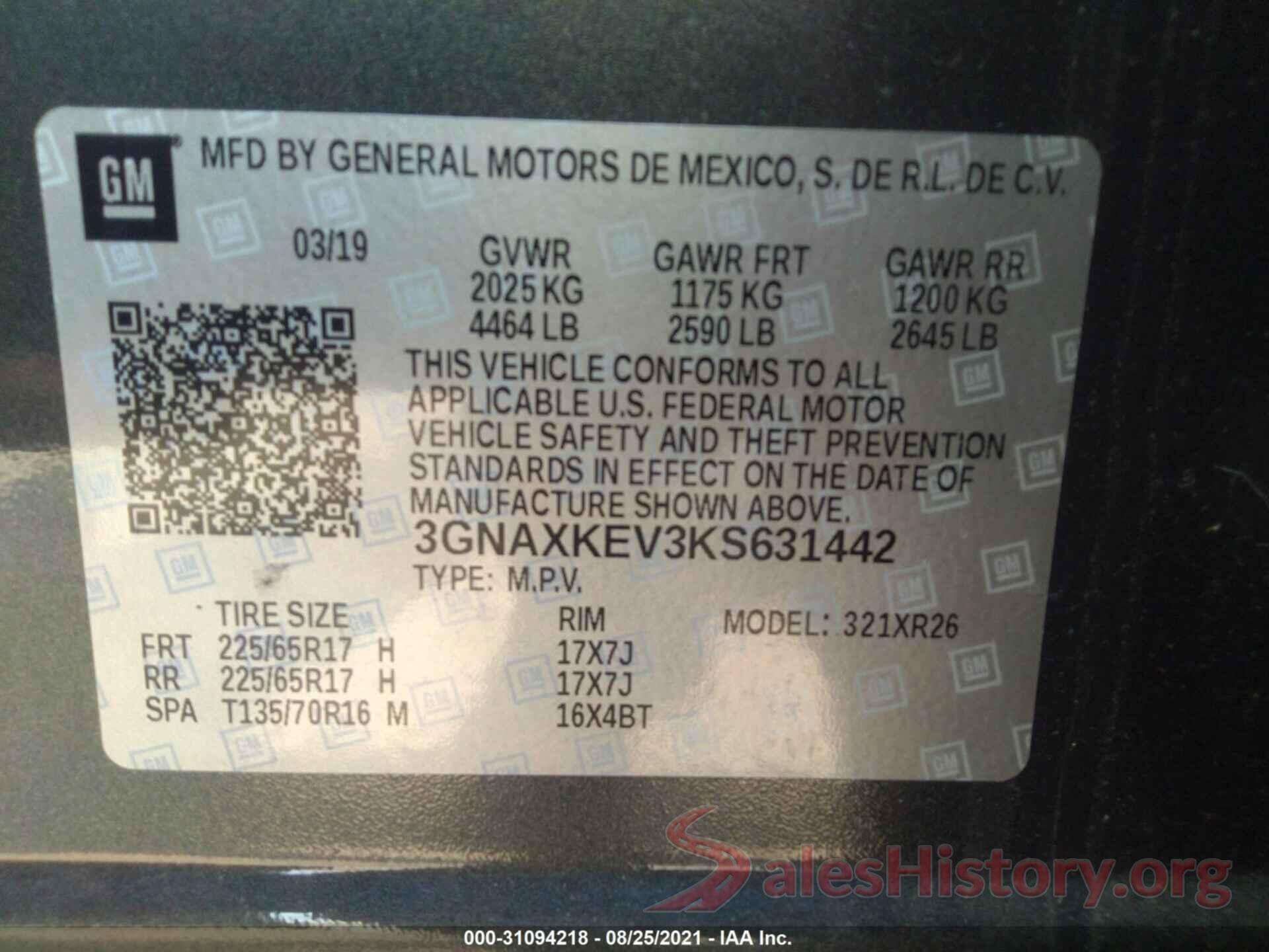 3GNAXKEV3KS631442 2019 CHEVROLET EQUINOX