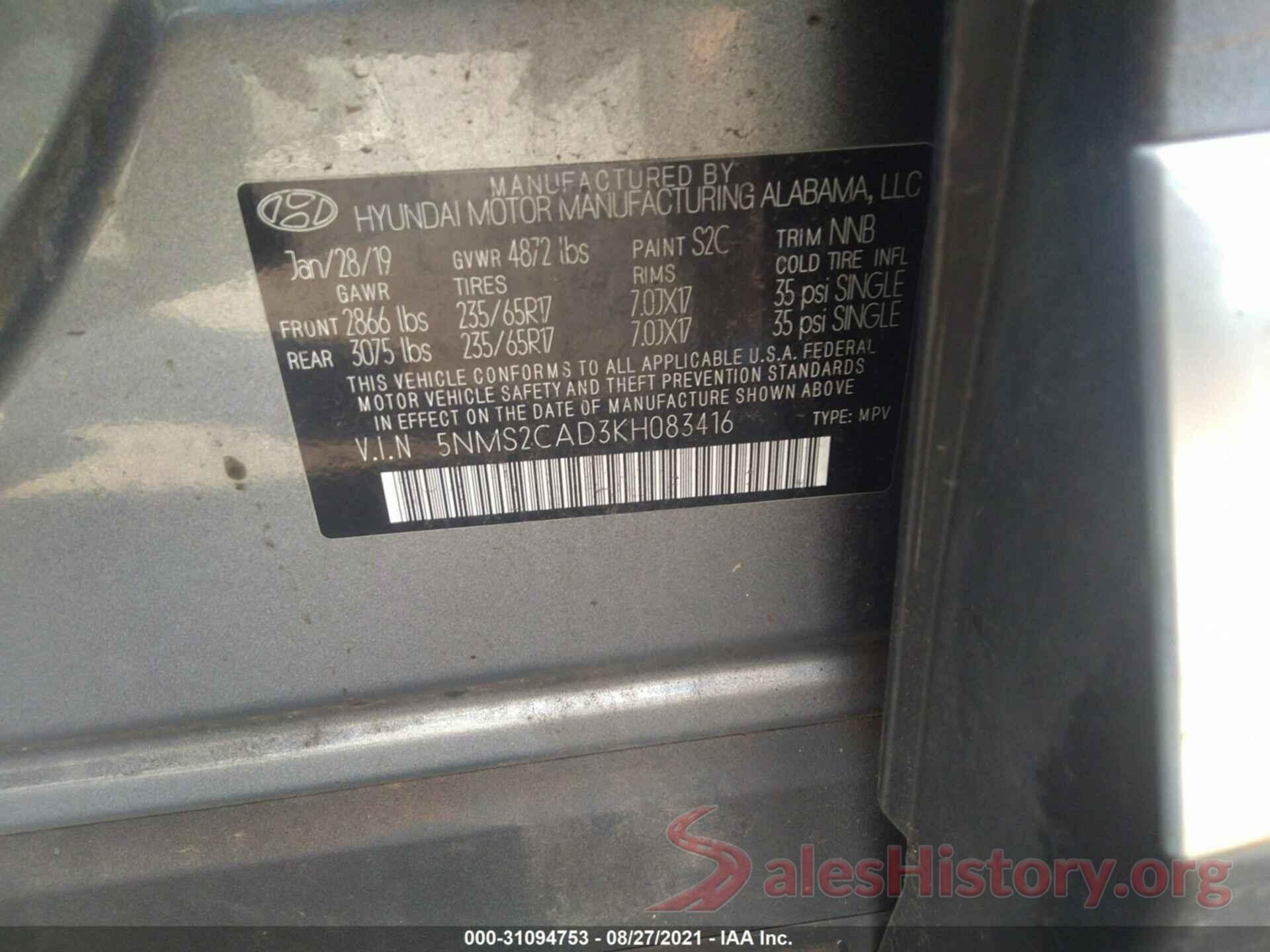 5NMS2CAD3KH083416 2019 HYUNDAI SANTA FE