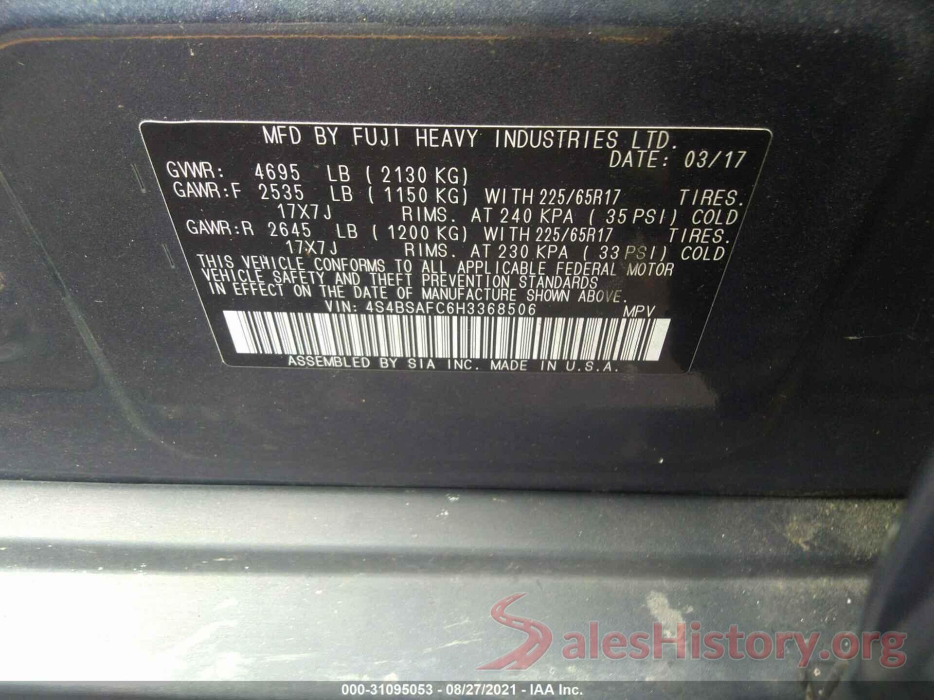 4S4BSAFC6H3368506 2017 SUBARU OUTBACK