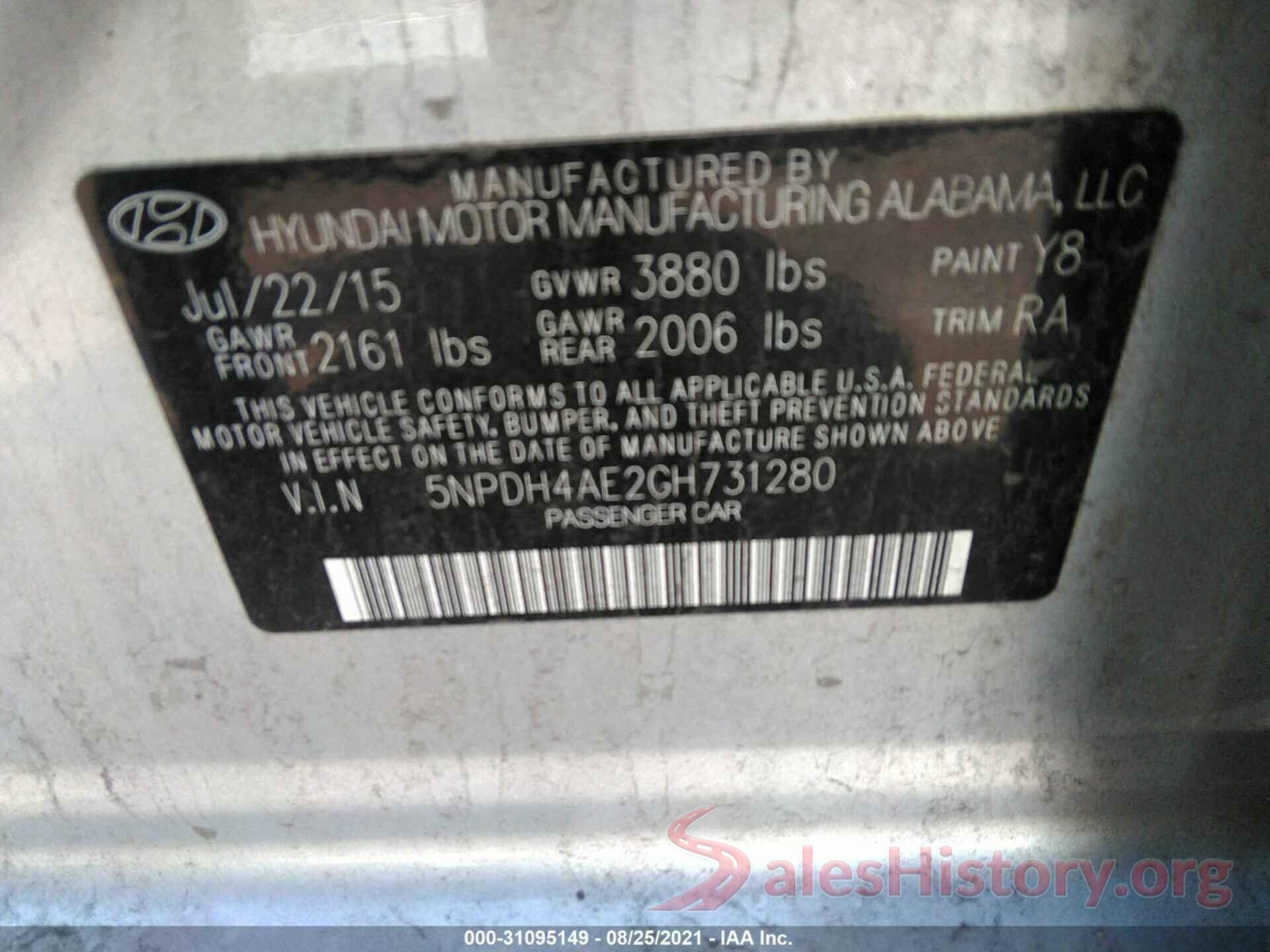 5NPDH4AE2GH731280 2016 HYUNDAI ELANTRA