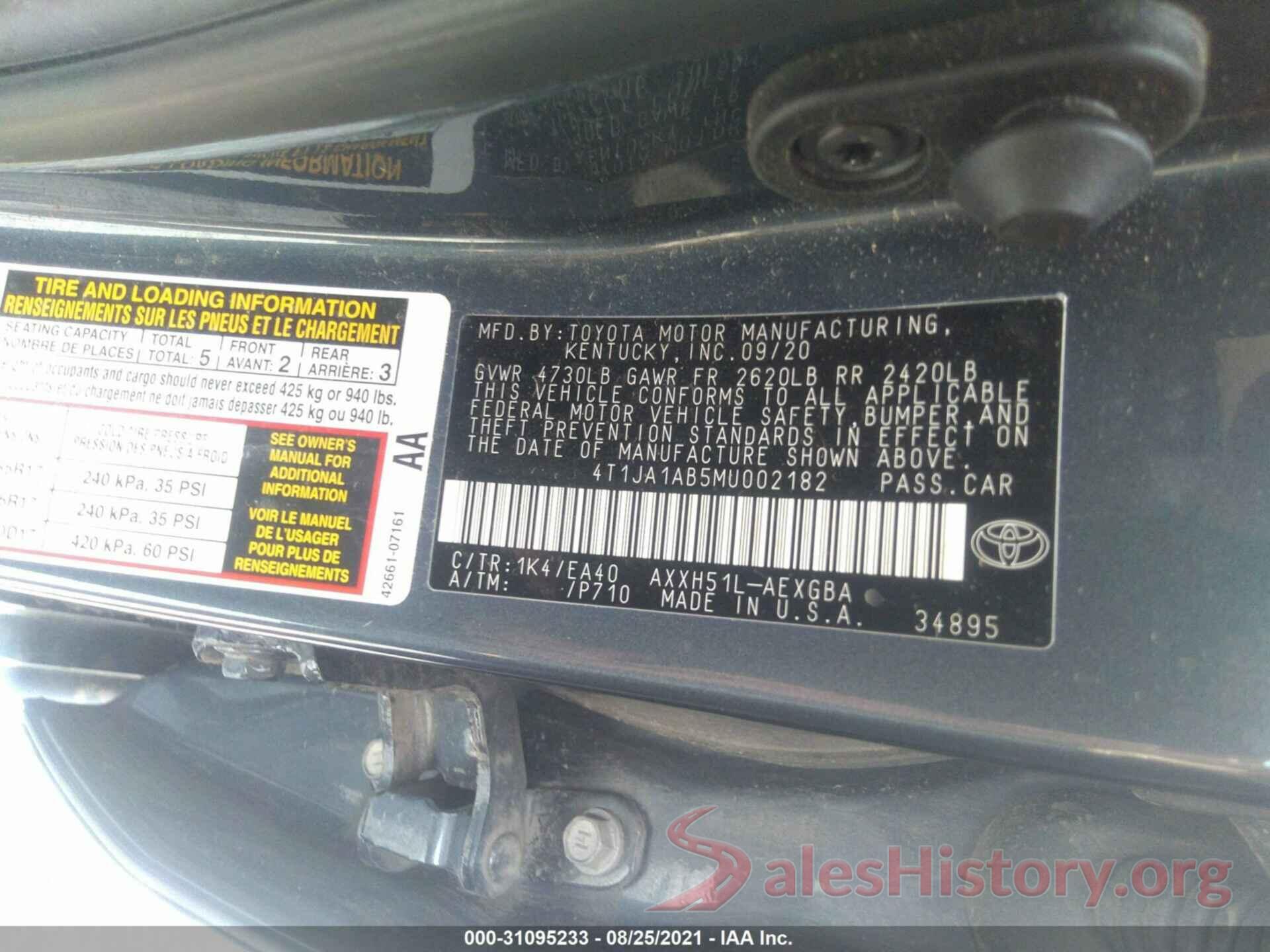 4T1JA1AB5MU002182 2021 TOYOTA AVALON