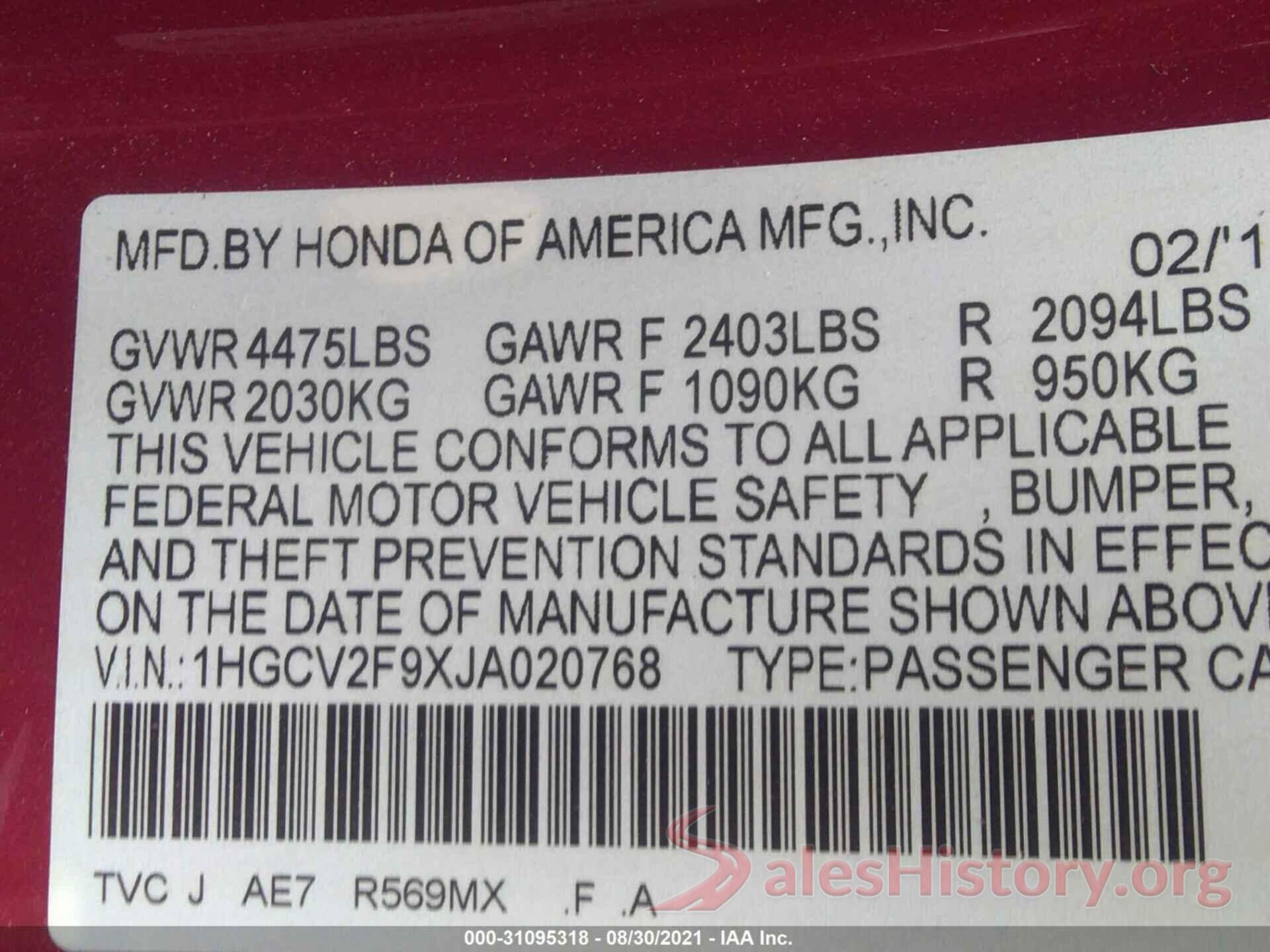 1HGCV2F9XJA020768 2018 HONDA ACCORD SEDAN