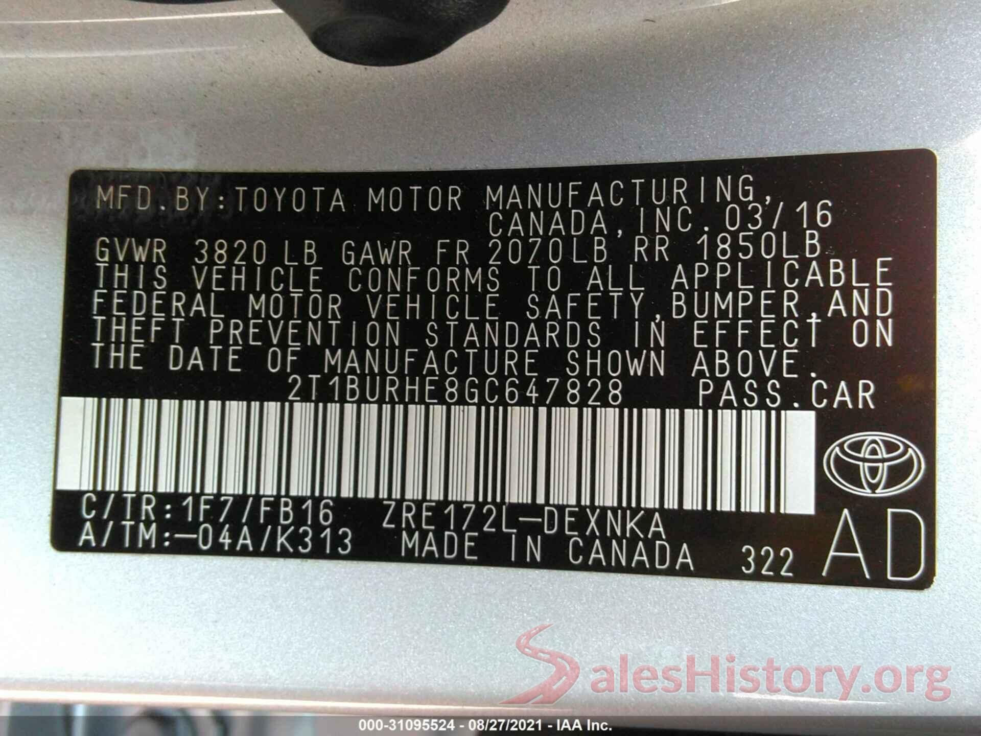 2T1BURHE8GC647828 2016 TOYOTA COROLLA