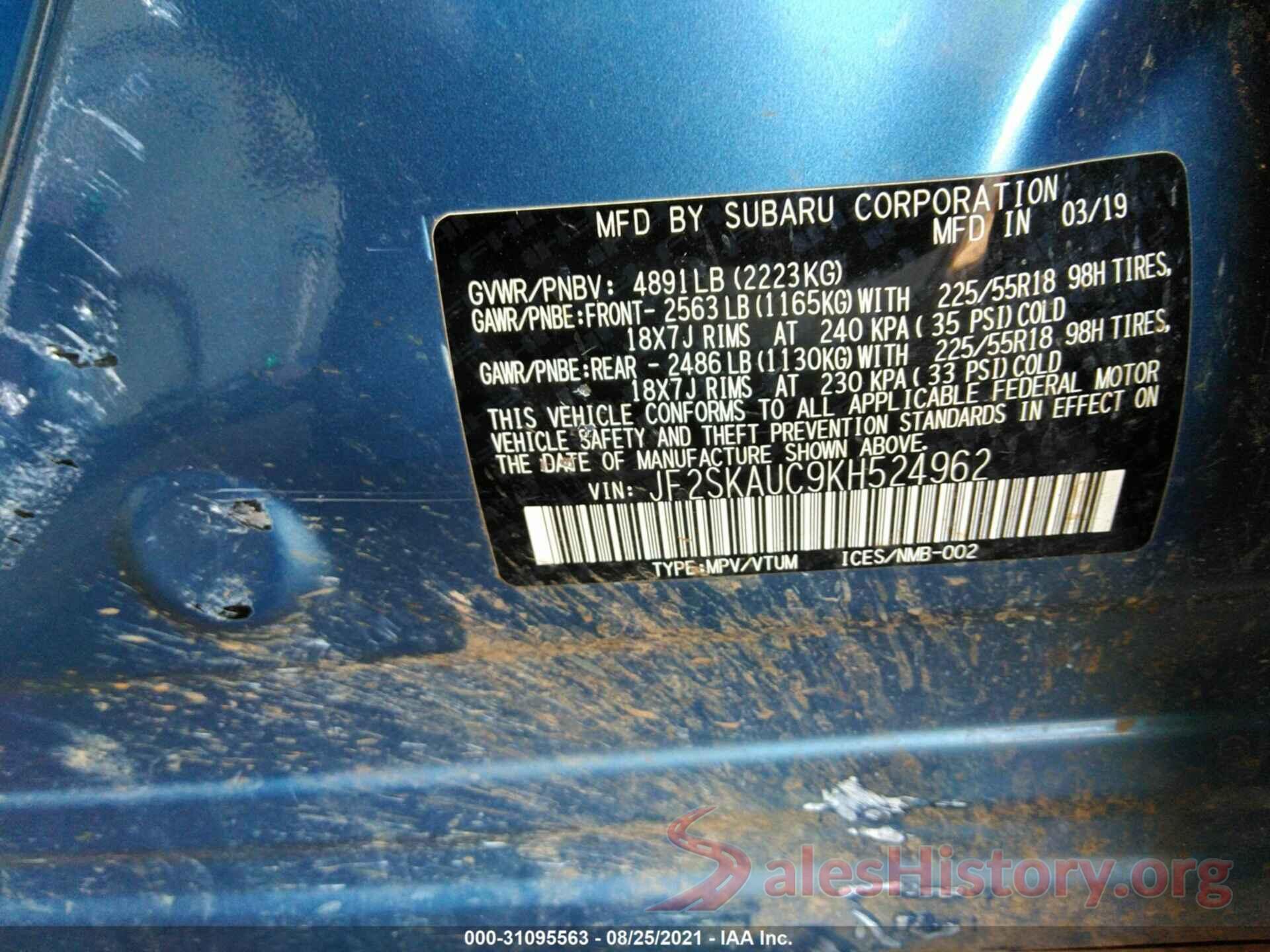 JF2SKAUC9KH524962 2019 SUBARU FORESTER