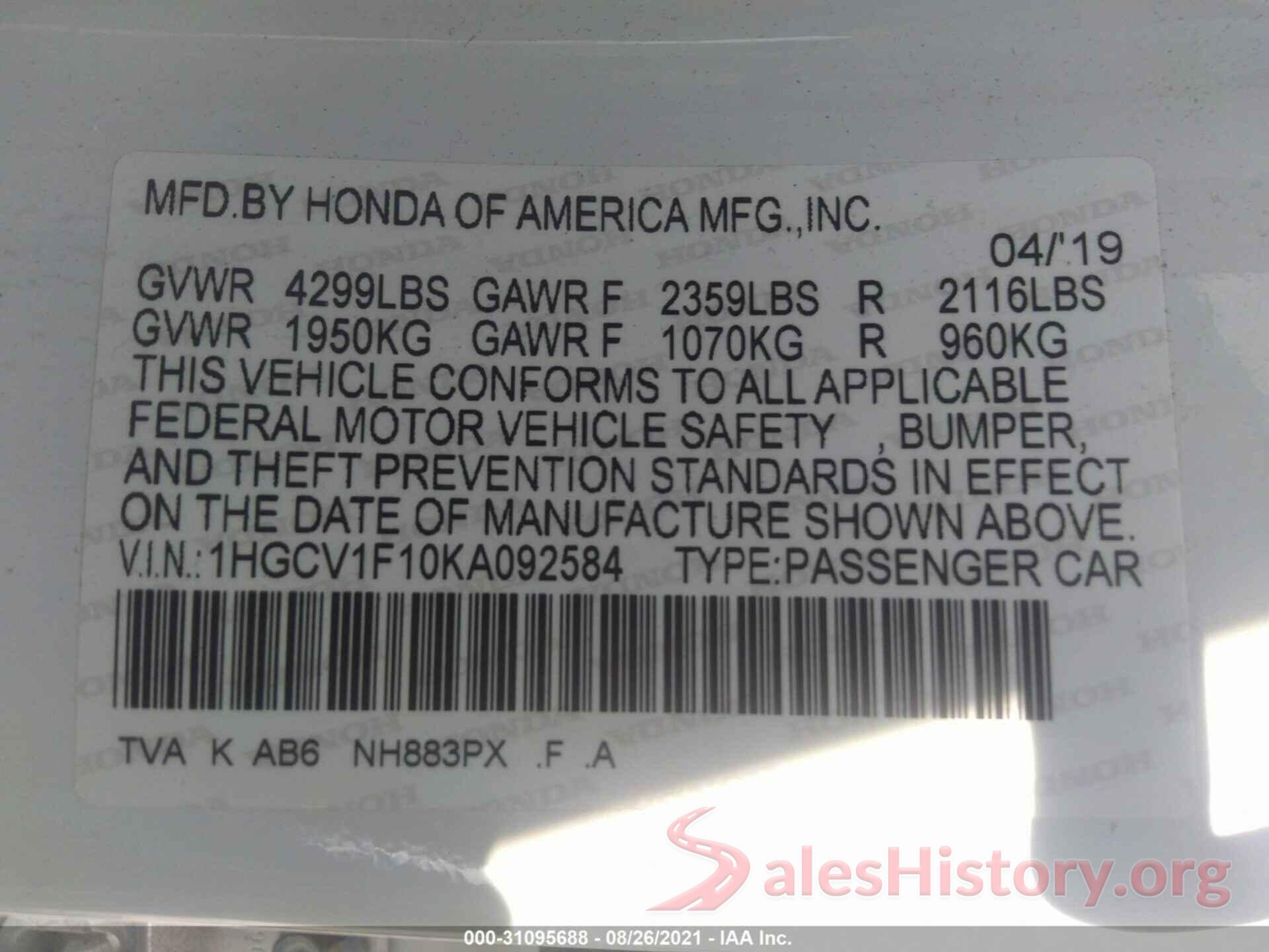 1HGCV1F10KA092584 2019 HONDA ACCORD SEDAN