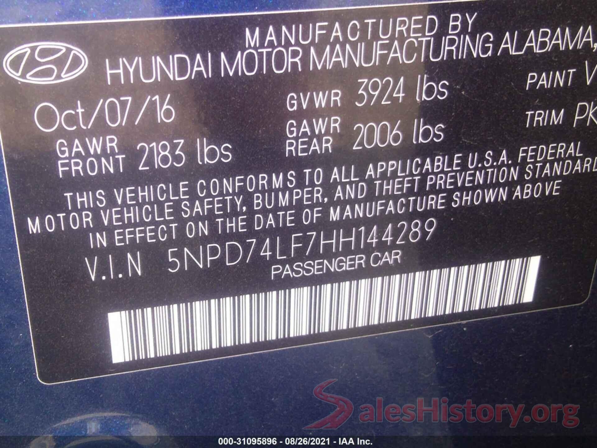 5NPD74LF7HH144289 2017 HYUNDAI ELANTRA