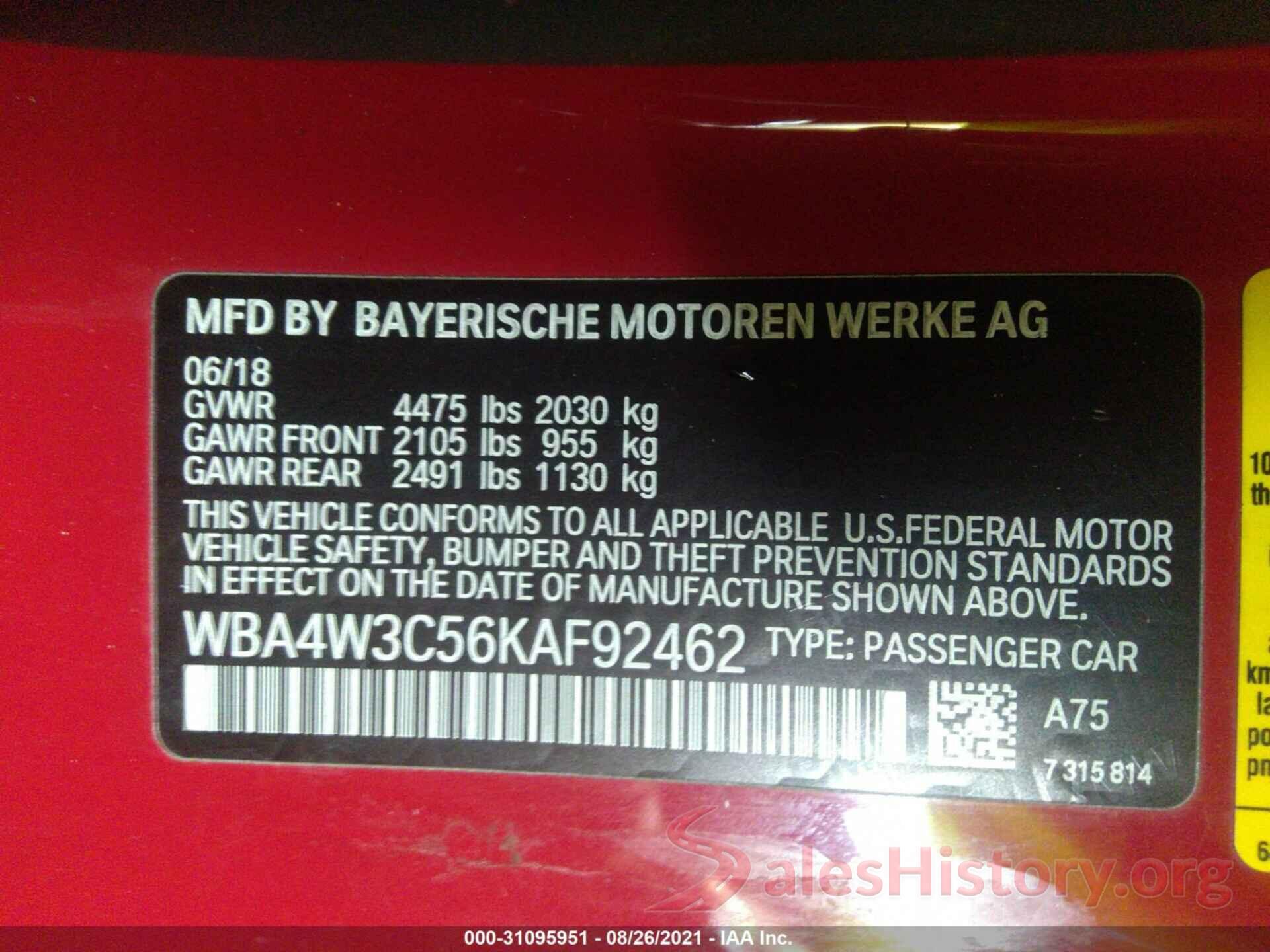 WBA4W3C56KAF92462 2019 BMW 4 SERIES