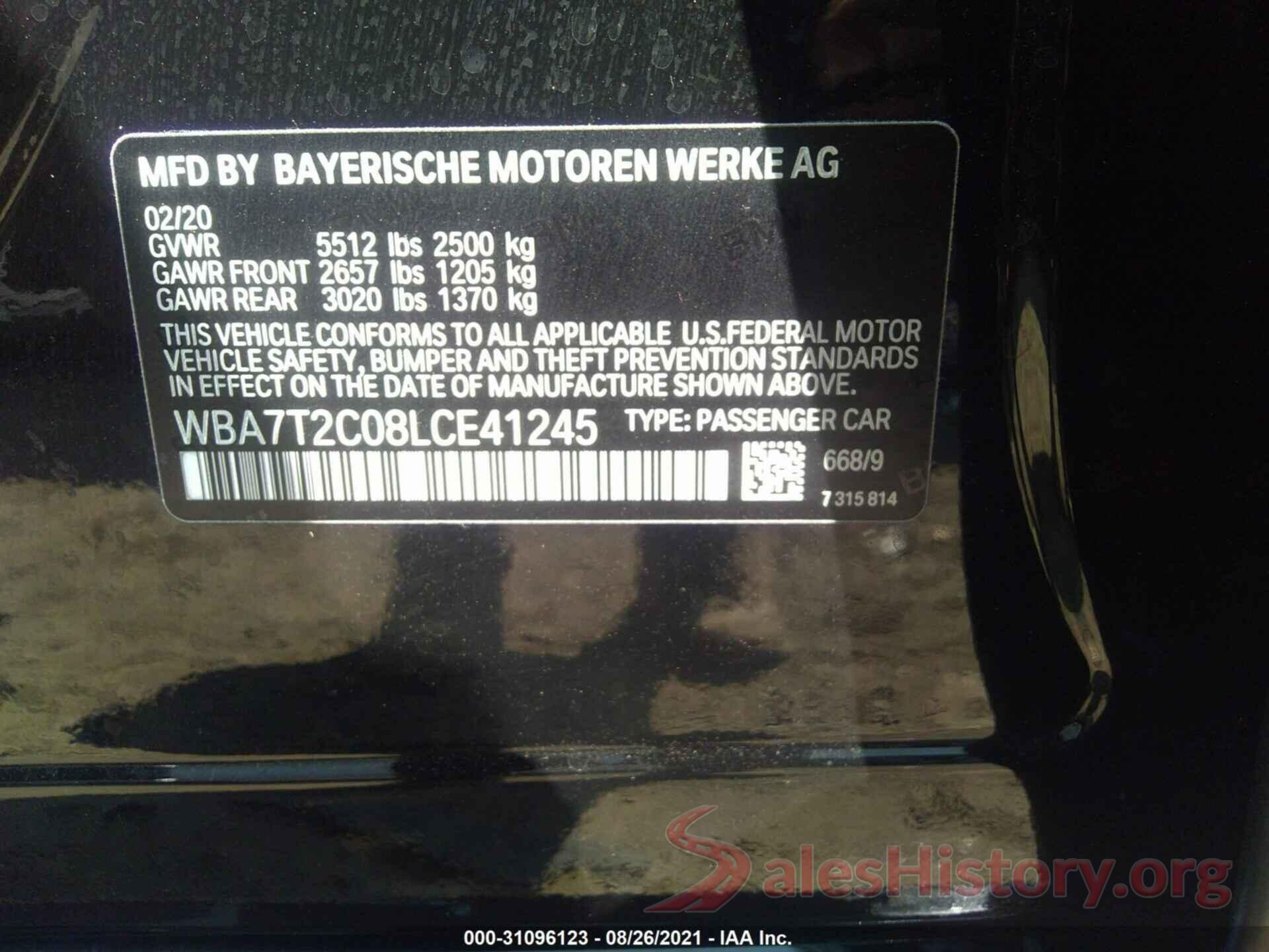 WBA7T2C08LCE41245 2020 BMW 7 SERIES