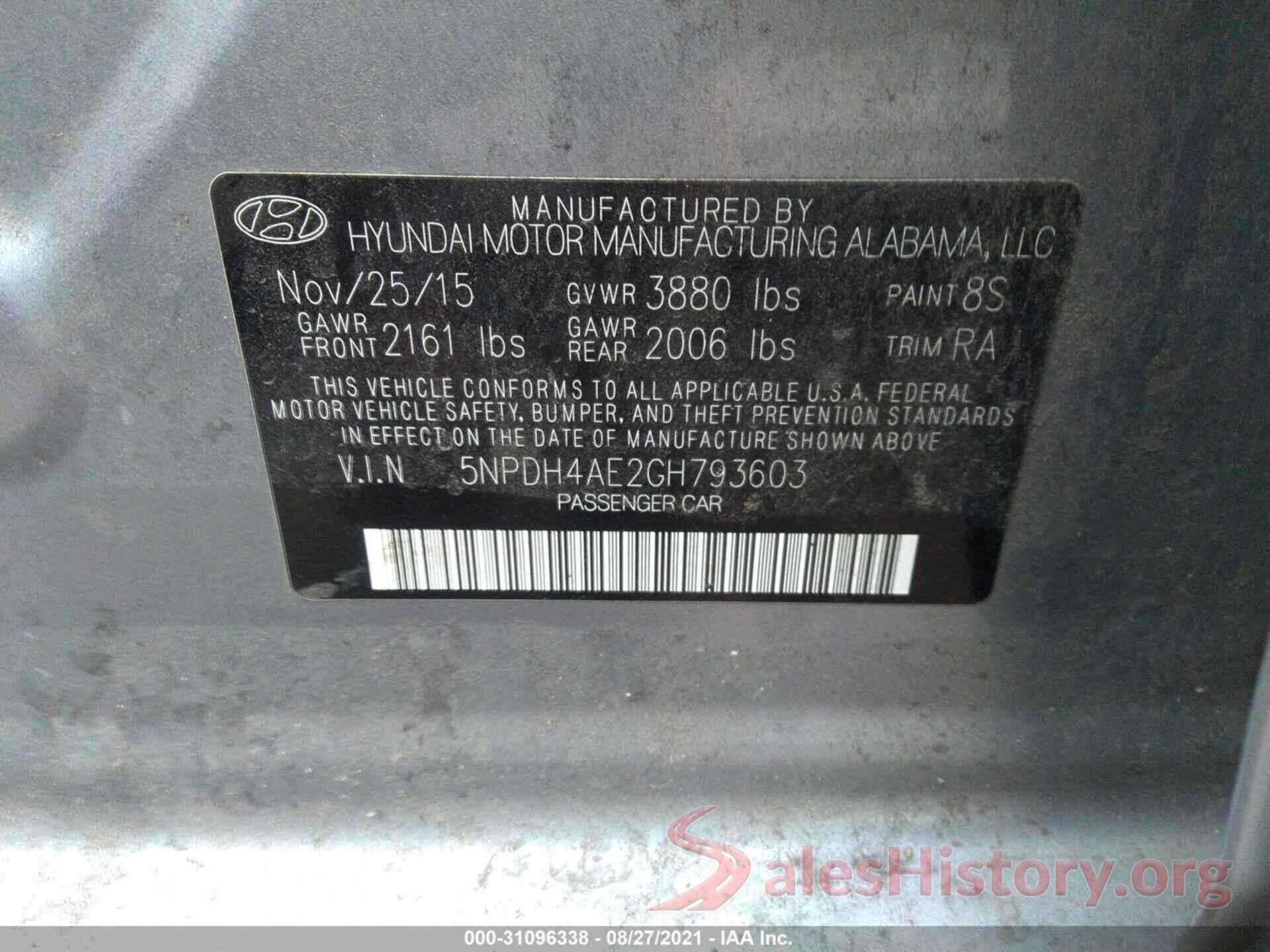 5NPDH4AE2GH793603 2016 HYUNDAI ELANTRA