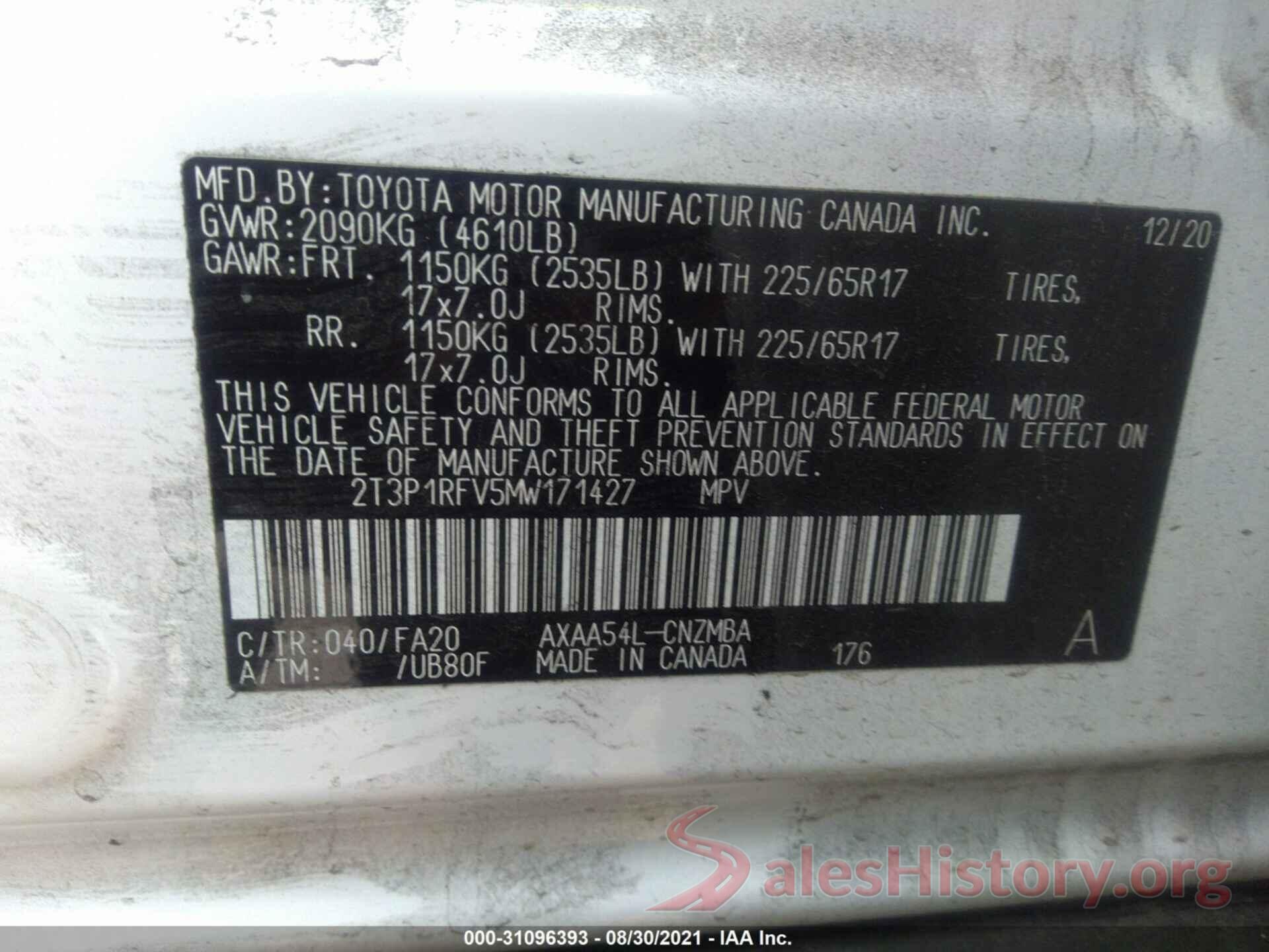 2T3P1RFV5MW171427 2021 TOYOTA RAV4