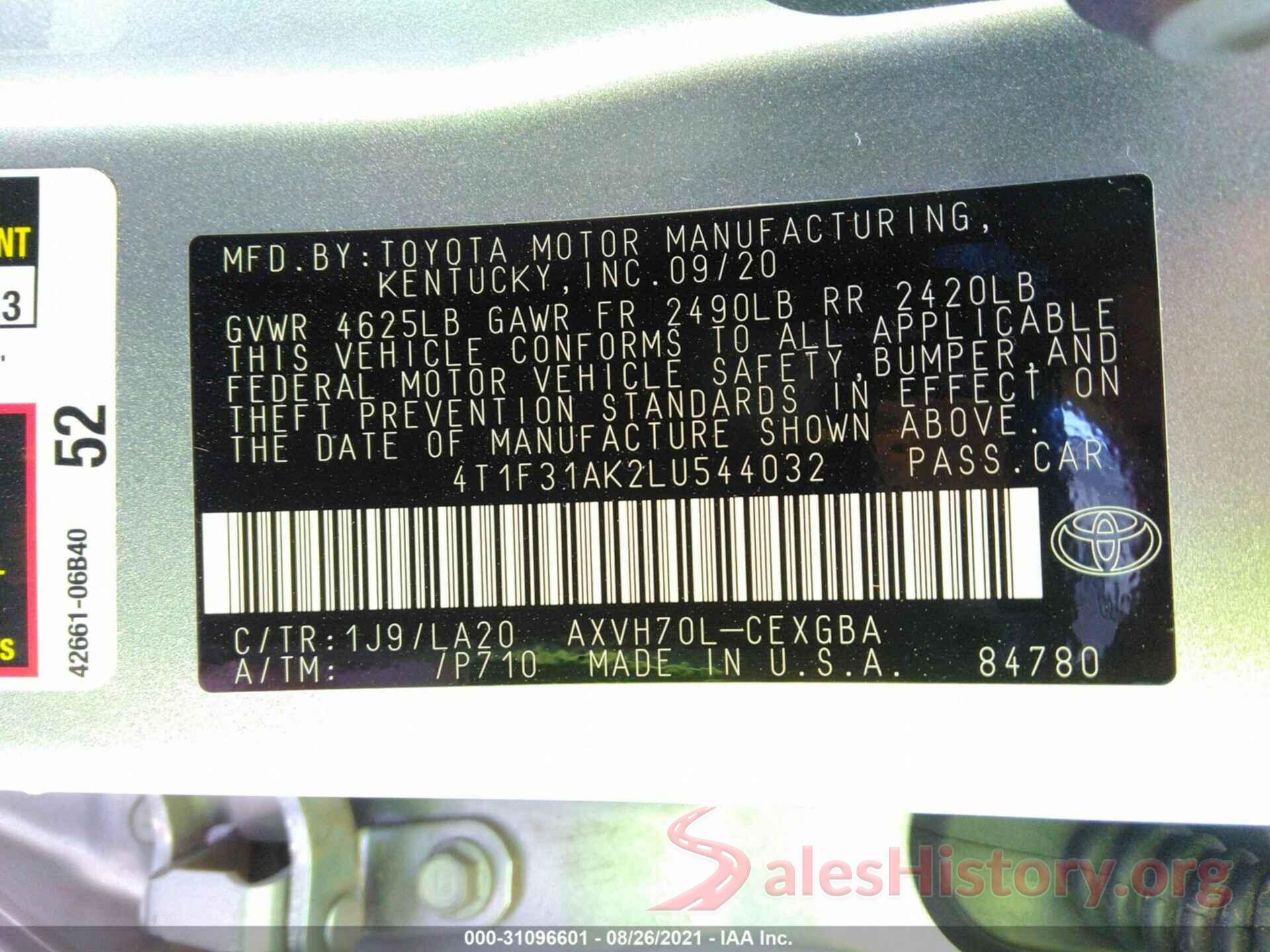 4T1F31AK2LU544032 2020 TOYOTA CAMRY