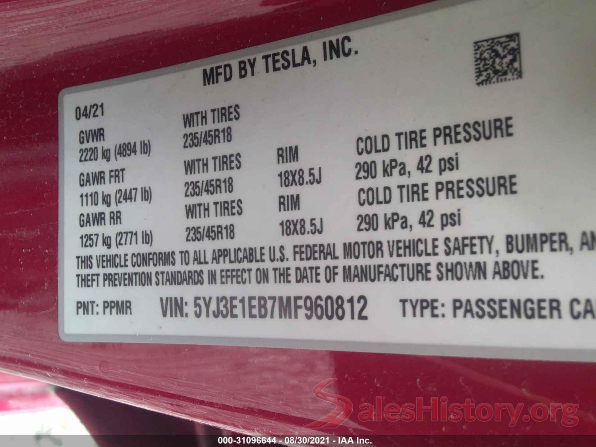 5YJ3E1EB7MF960812 2021 TESLA MODEL 3