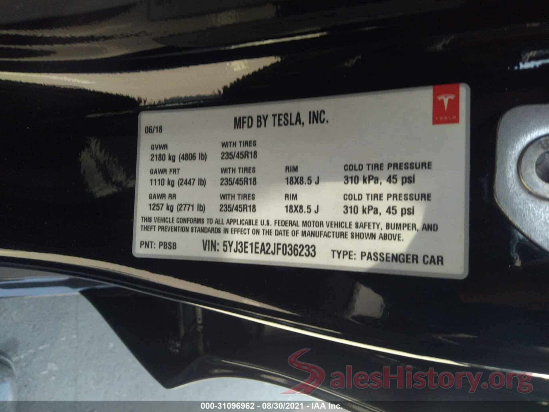 5YJ3E1EA2JF036233 2018 TESLA MODEL 3