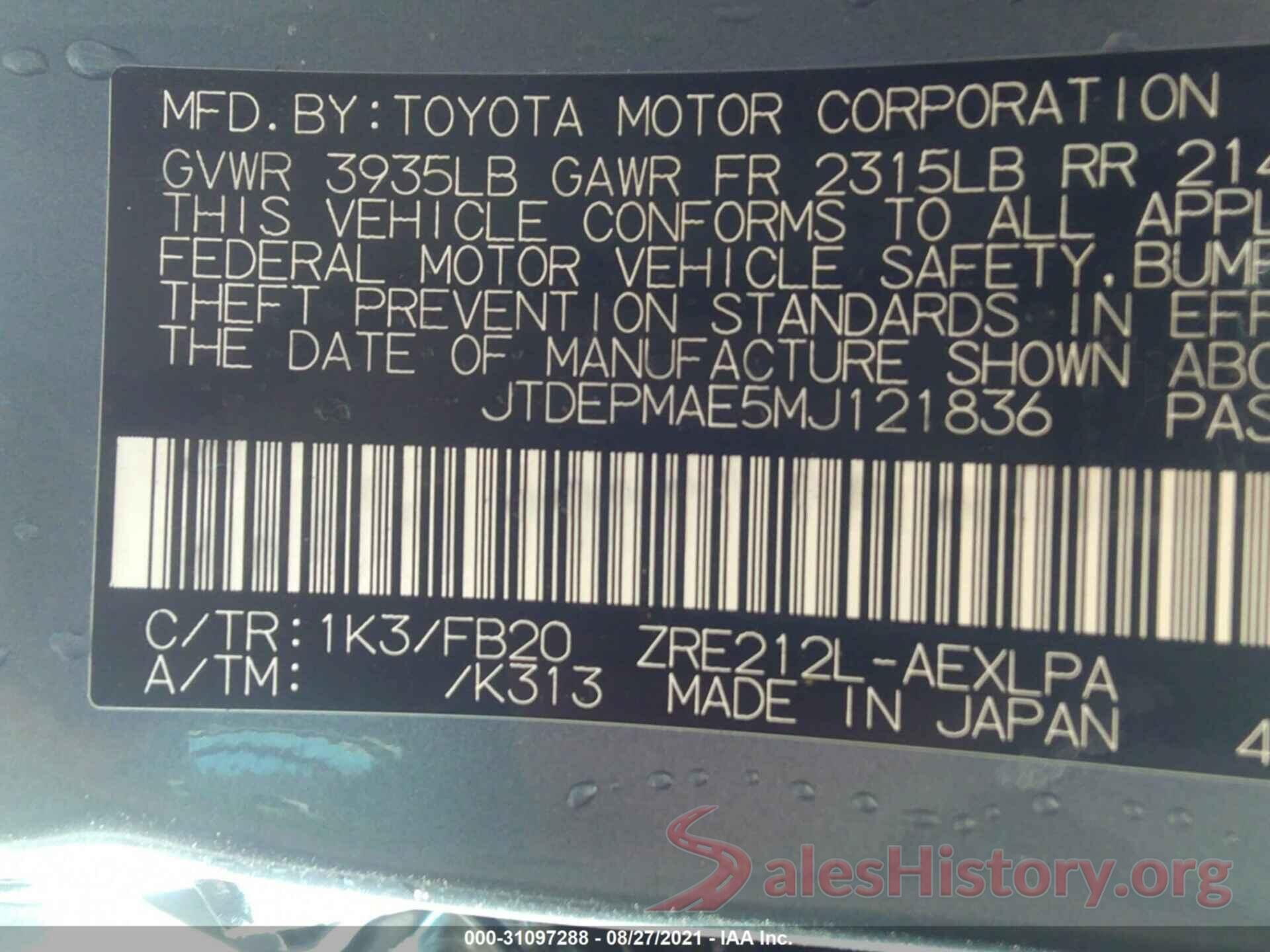 JTDEPMAE5MJ121836 2021 TOYOTA COROLLA