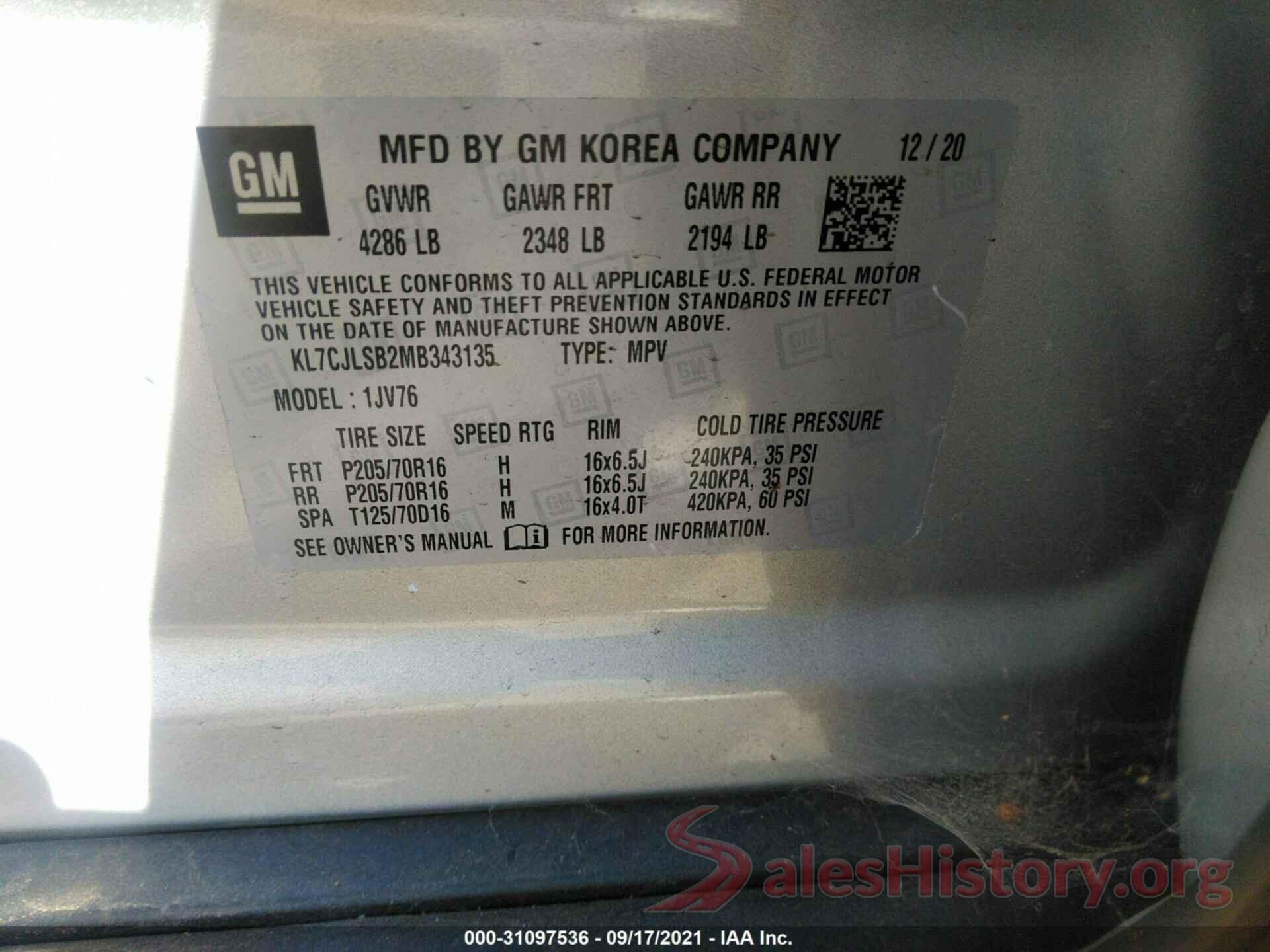 KL7CJLSB2MB343135 2021 CHEVROLET TRAX