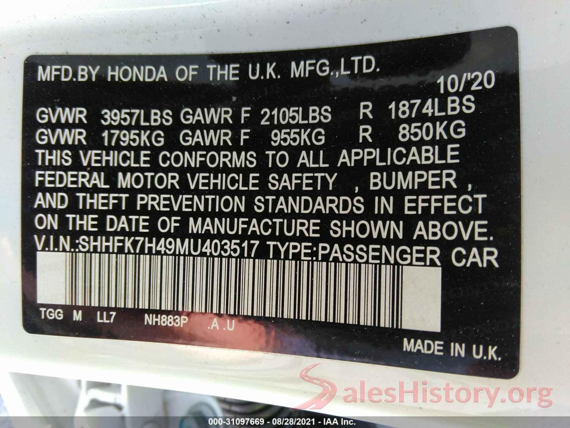 SHHFK7H49MU403517 2021 HONDA CIVIC HATCHBACK