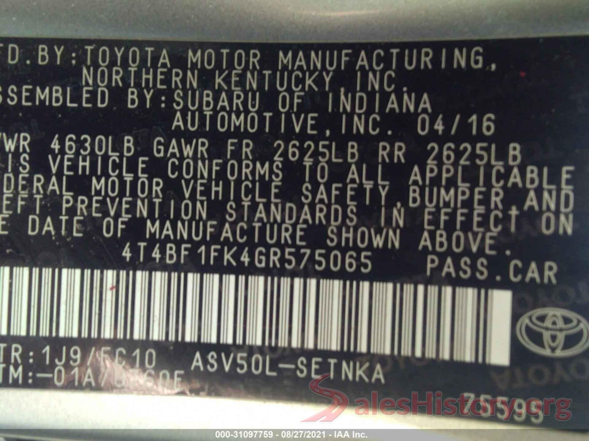 4T4BF1FK4GR575065 2016 TOYOTA CAMRY