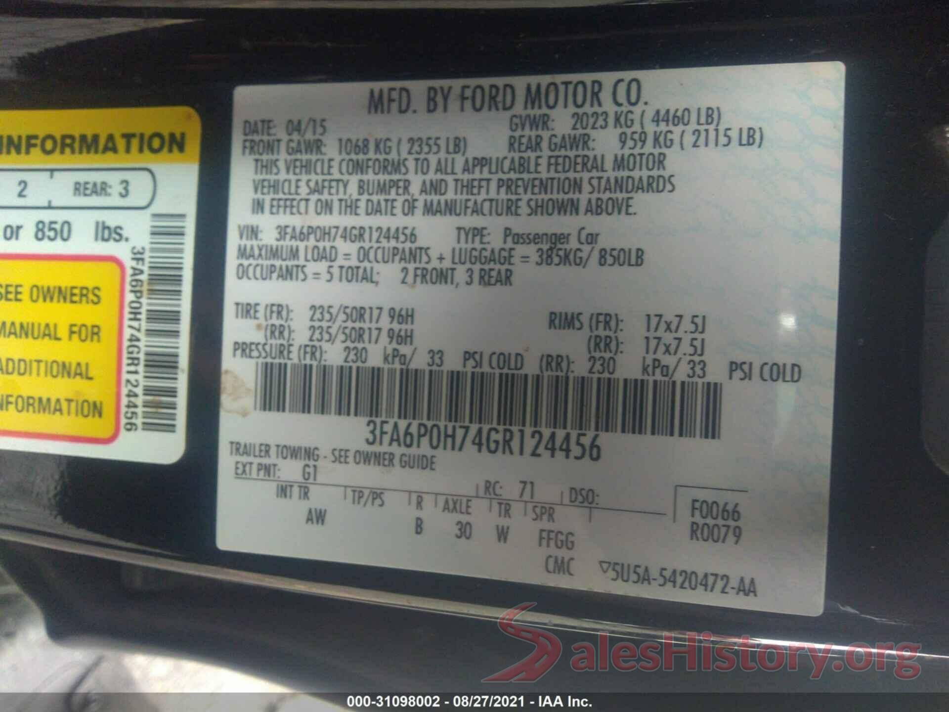 3FA6P0H74GR124456 2016 FORD FUSION