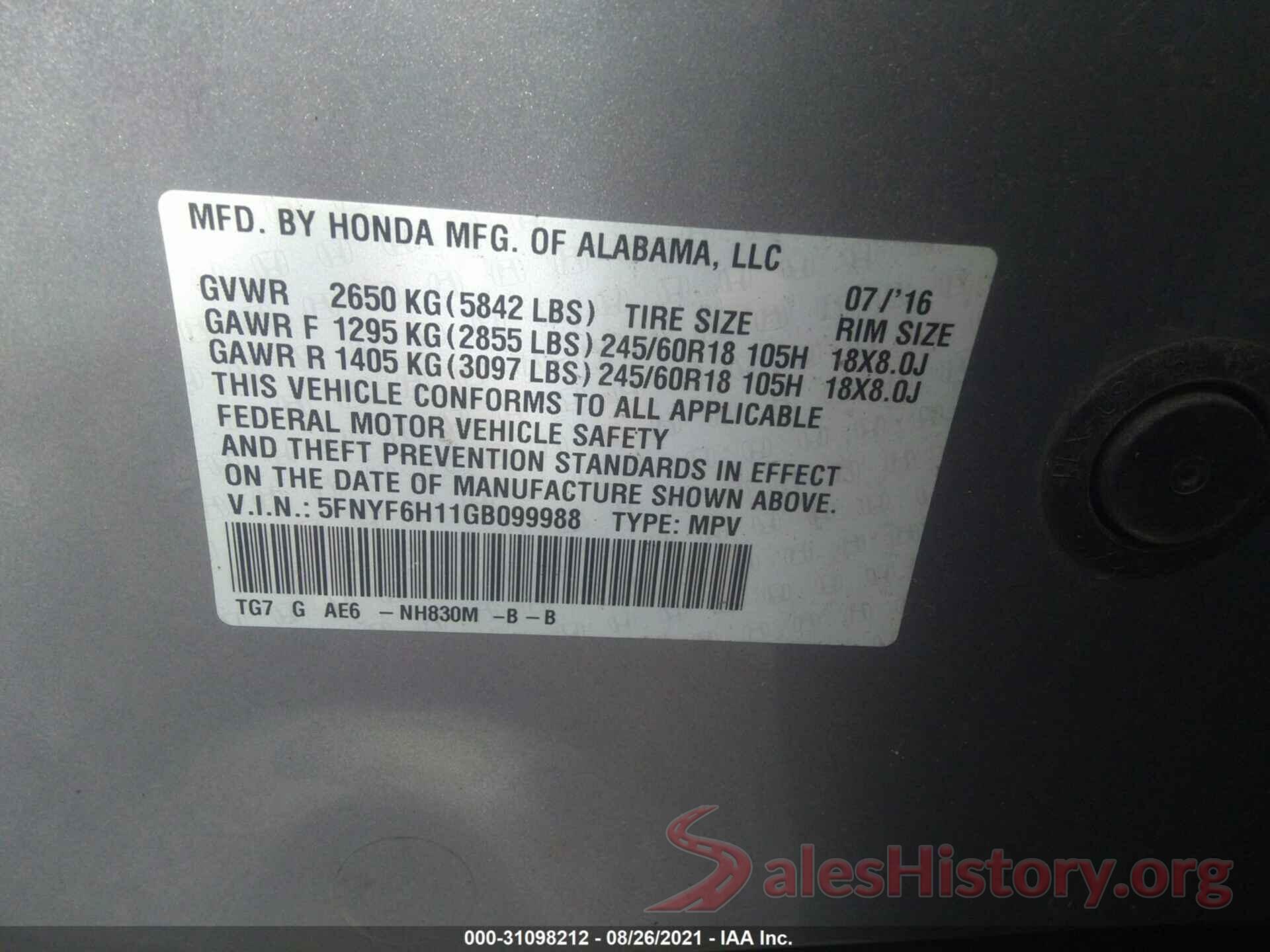 5FNYF6H11GB099988 2016 HONDA PILOT